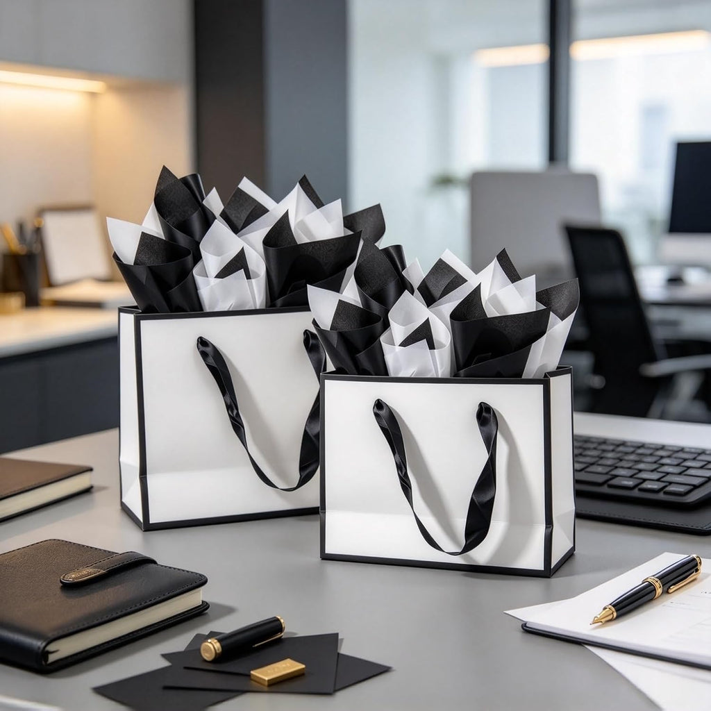 Small White & Black Gift Bags with Handles and Tissue Paper, 4 Pack