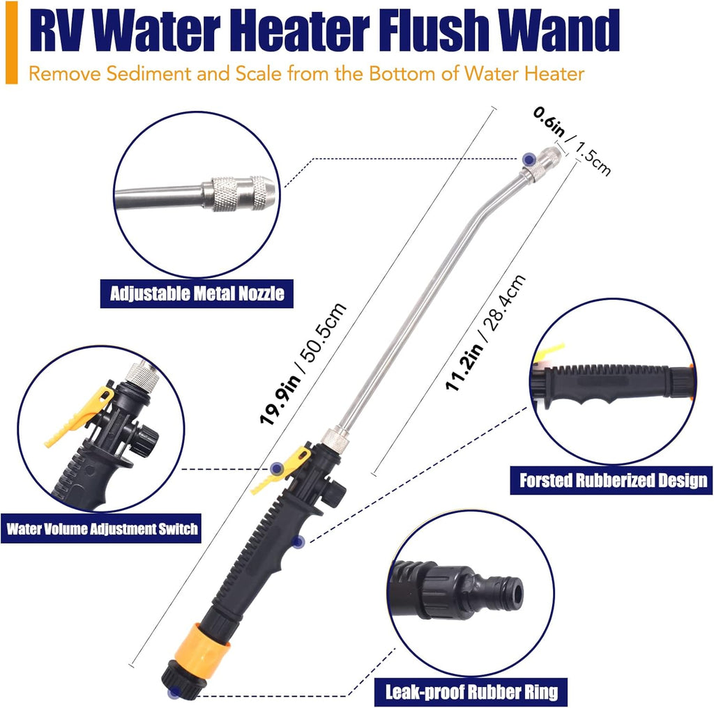 RV Water Heater Anode Rod & Flush Wand & Element Socket - 9.25"L x 3/4"NPT Thread Magnesium Rod for Suburban, Mor-Flo, Camper Hot Water Tank Cleaning Rinser with Dual Hex Wrench Removal Tool