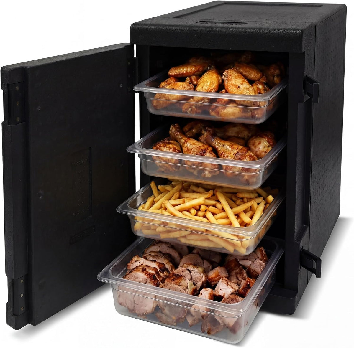 91 Qt Insulated Food Pan Carrier, Front-Loading Lightweight Hot & Cold Food Box with 12 Shelf Dividers & Safety