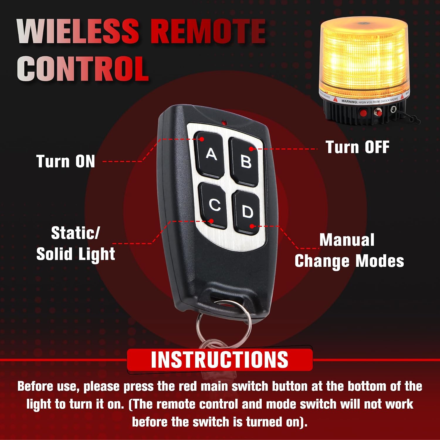 LED Remote Control Wireless Battery Beacon Amber Light | Magnetic Rechargeable Rotating Strobe Flashing Emergency