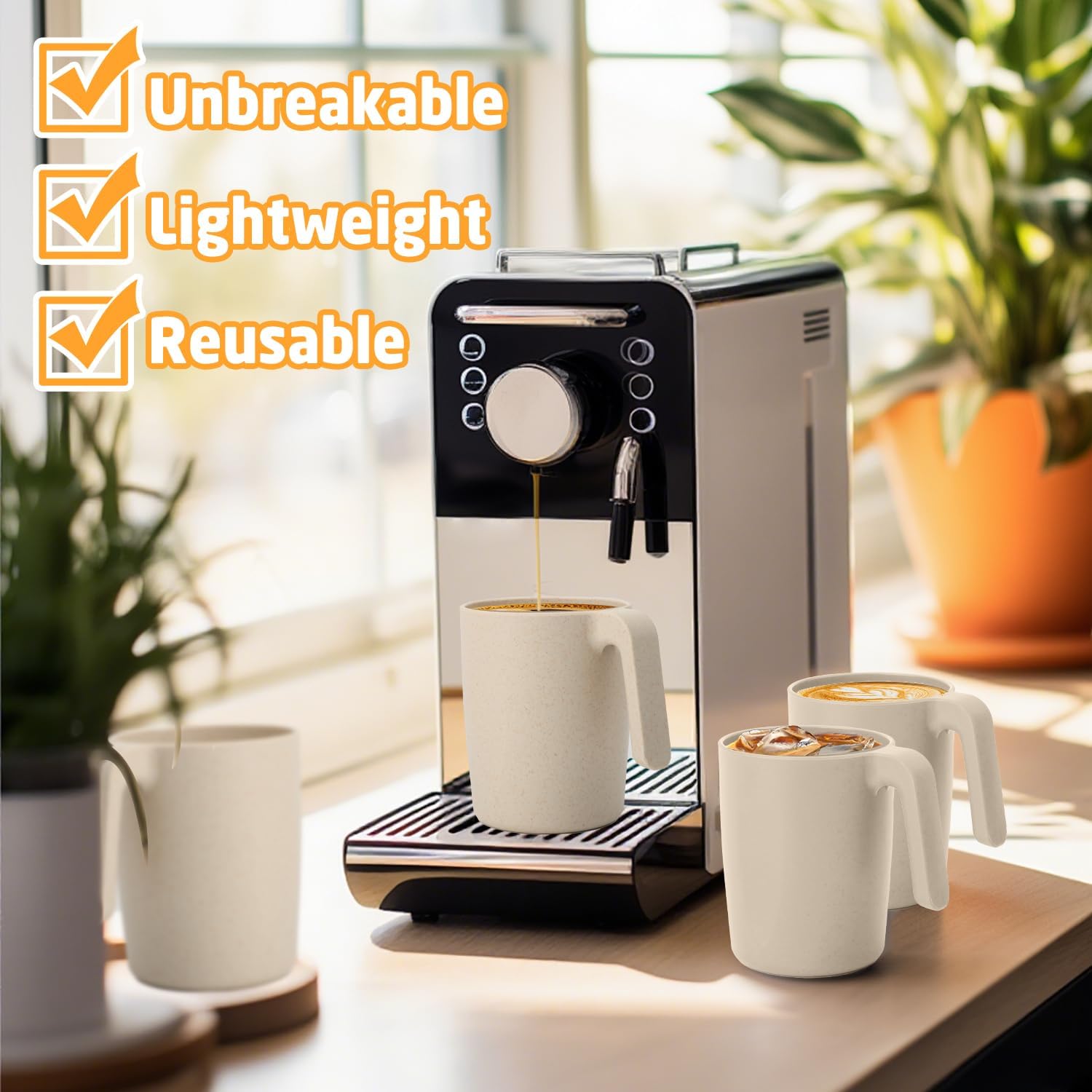 Coffee Mugs Set of 6, Wheat Straw Cups 16 oz, Resuable Plastic Coffee Cups With Handle, Unbreakable & Stackable