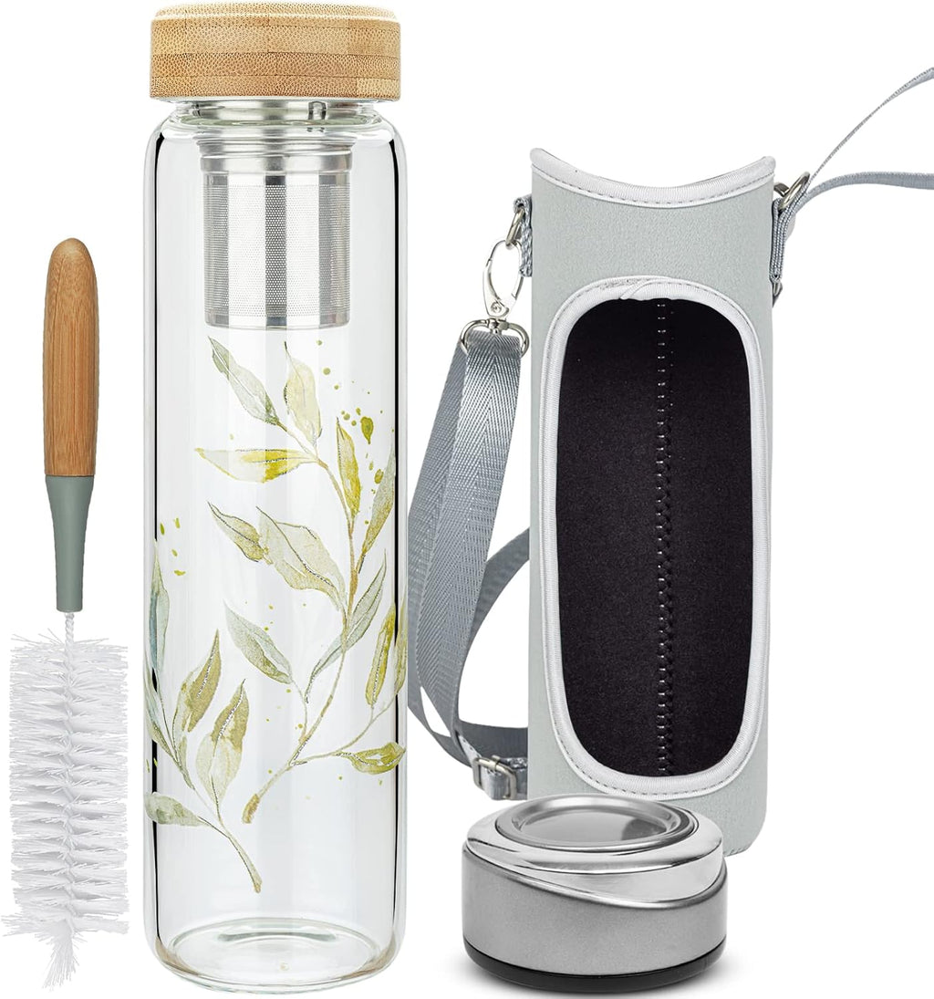 32oz Borosilicate Glass Water Bottle with Tea Infuser, Tea Tumbler with Strainer, Reusable Travel Mug with Sleeve & 2