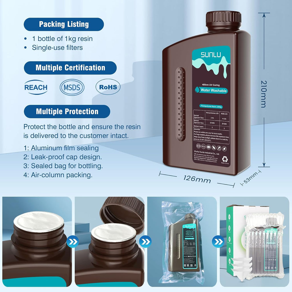 Water Washable Resin 1000g, Fast Curing 3D Printer Resin for LCD DLP SLA Resin 3D Printers, 395 to 405nm UV Curing 3D