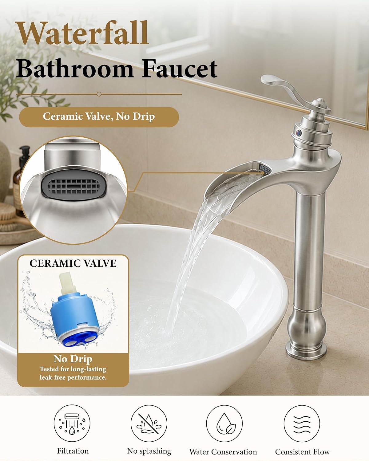 Vessel Sink Faucet Brushed Nickel Tall Waterfall Bathroom Faucet