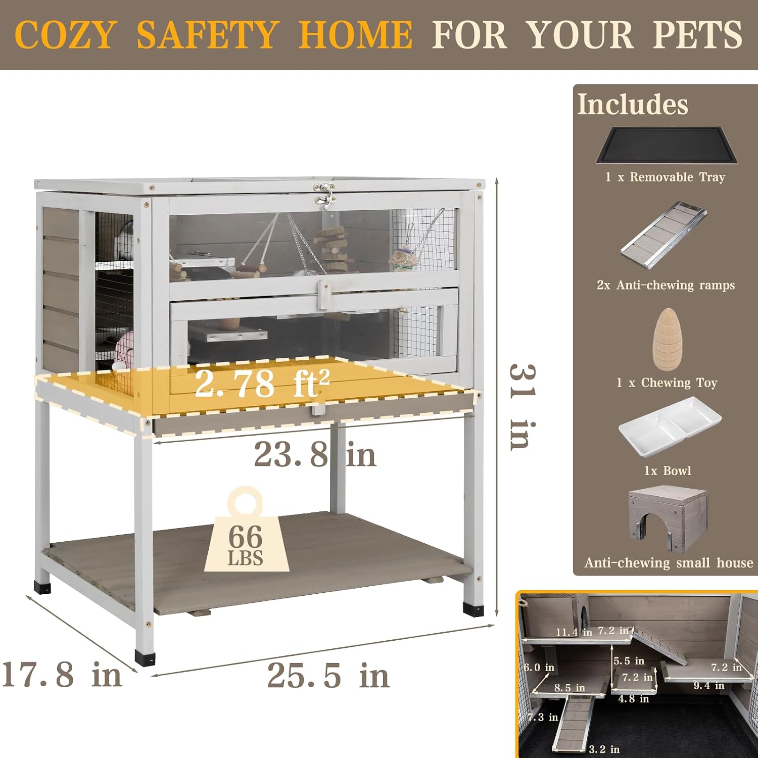 Wooden Hamster Cage Indoor with Stand and Storage Shelf, 3-Tier Small Animal Habitat with Clear Front Window