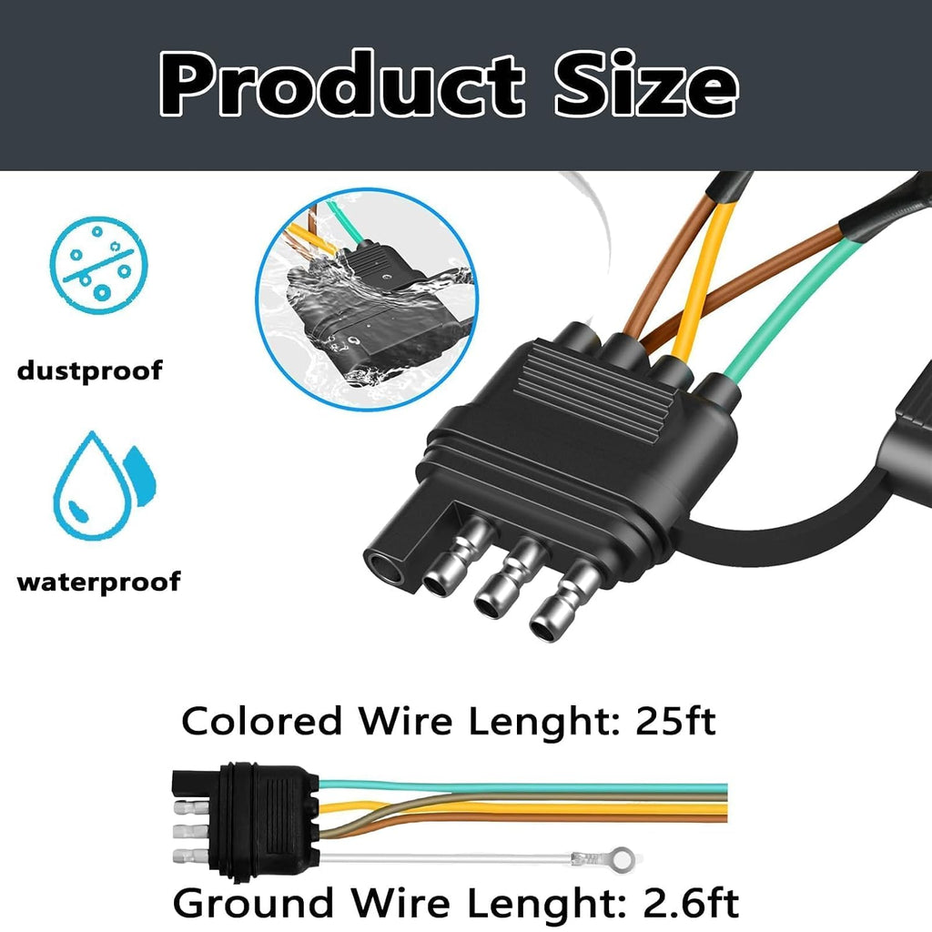 25FT 4 Pin 5 Wire Trailer Wiring Harness with Nylon Net Tube Guard.