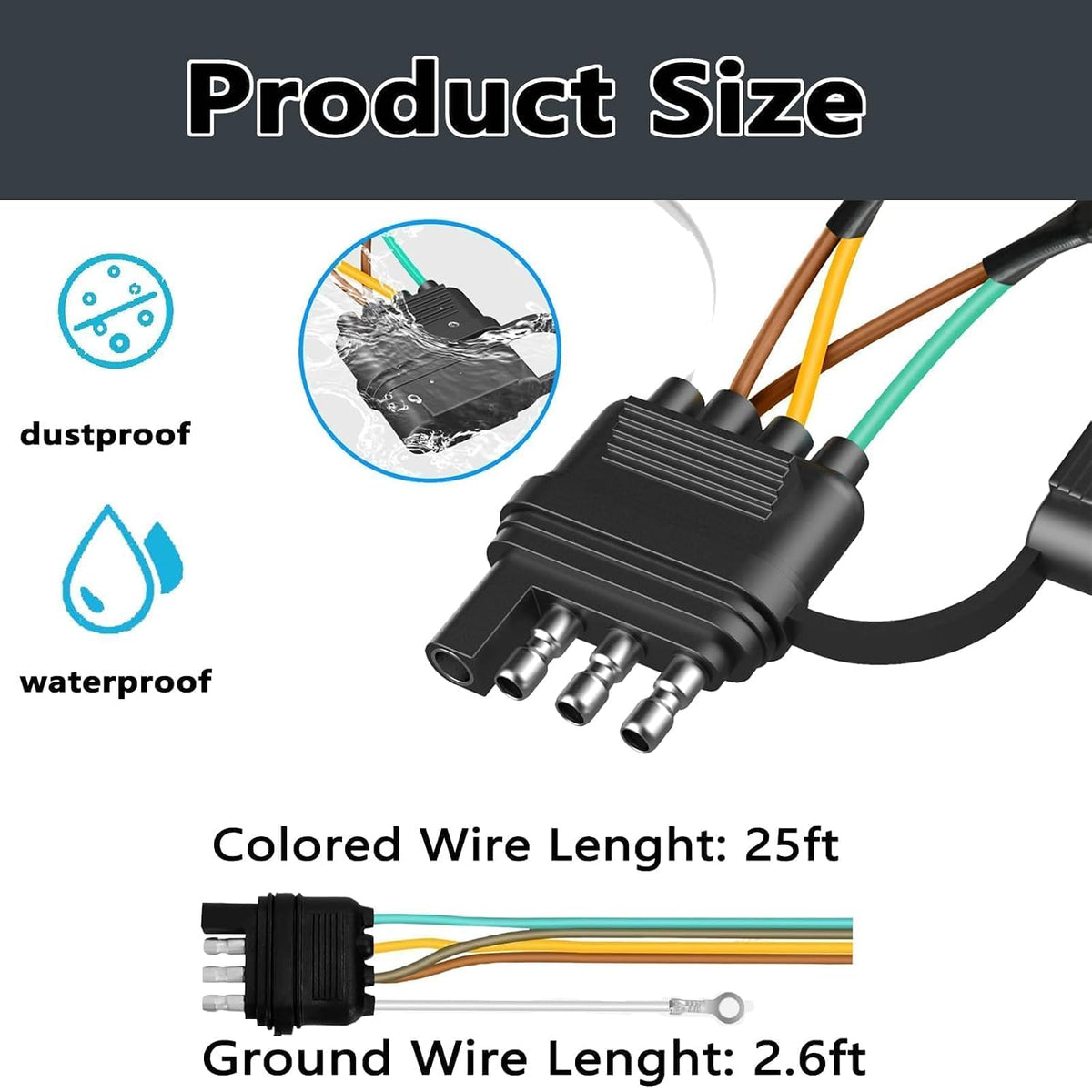 25FT 4 Pin 5 Wire Trailer Wiring Harness with Nylon Net Tube Guard.