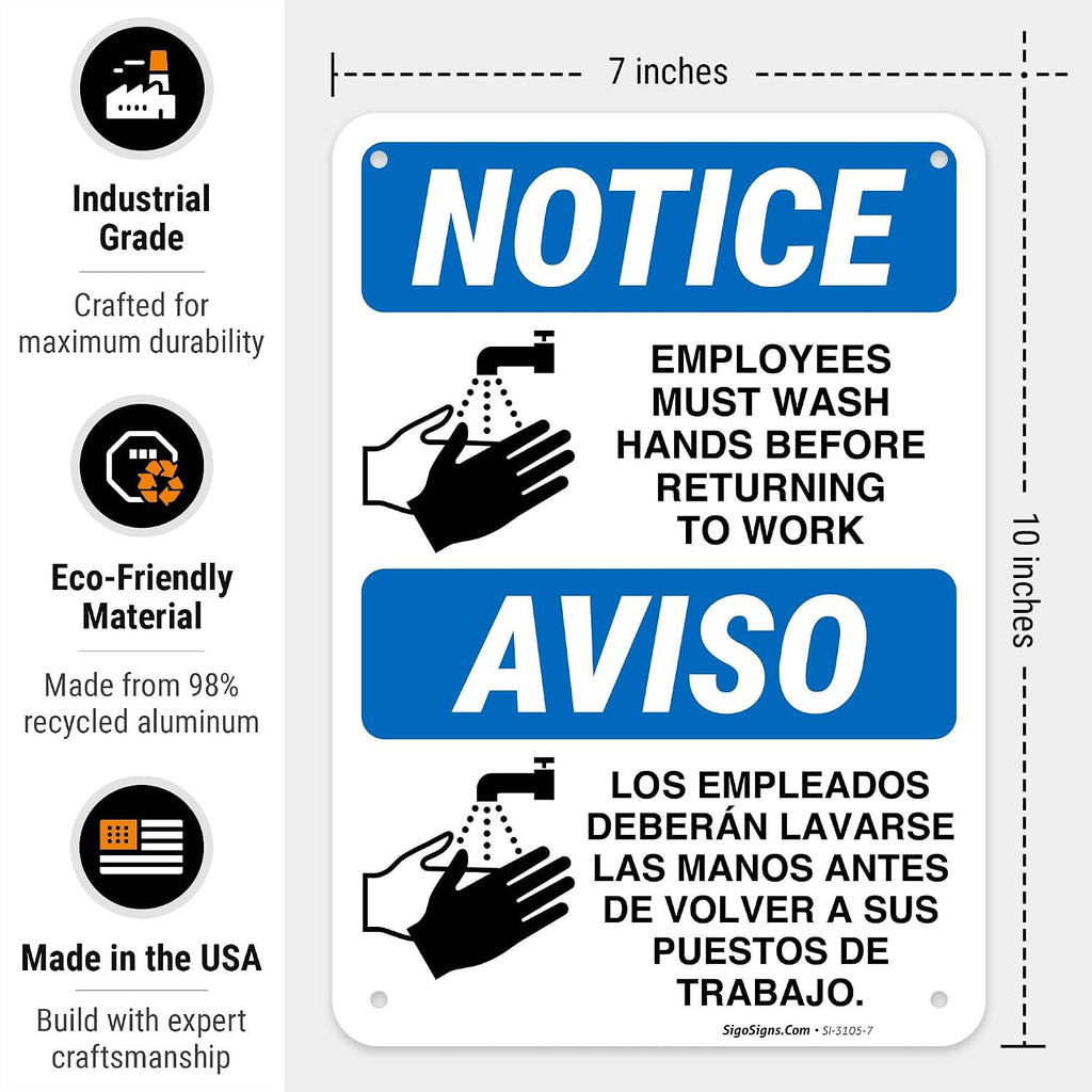 Employees Hand Washing Sign, Bilingual Spanish English