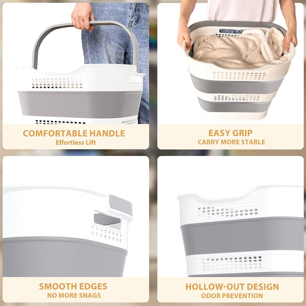 43L+43L Collapsible Laundry Baskets plastic (Grey, 2 Packs) | Pop Up Laundry hamper/Storage Container, Foldable