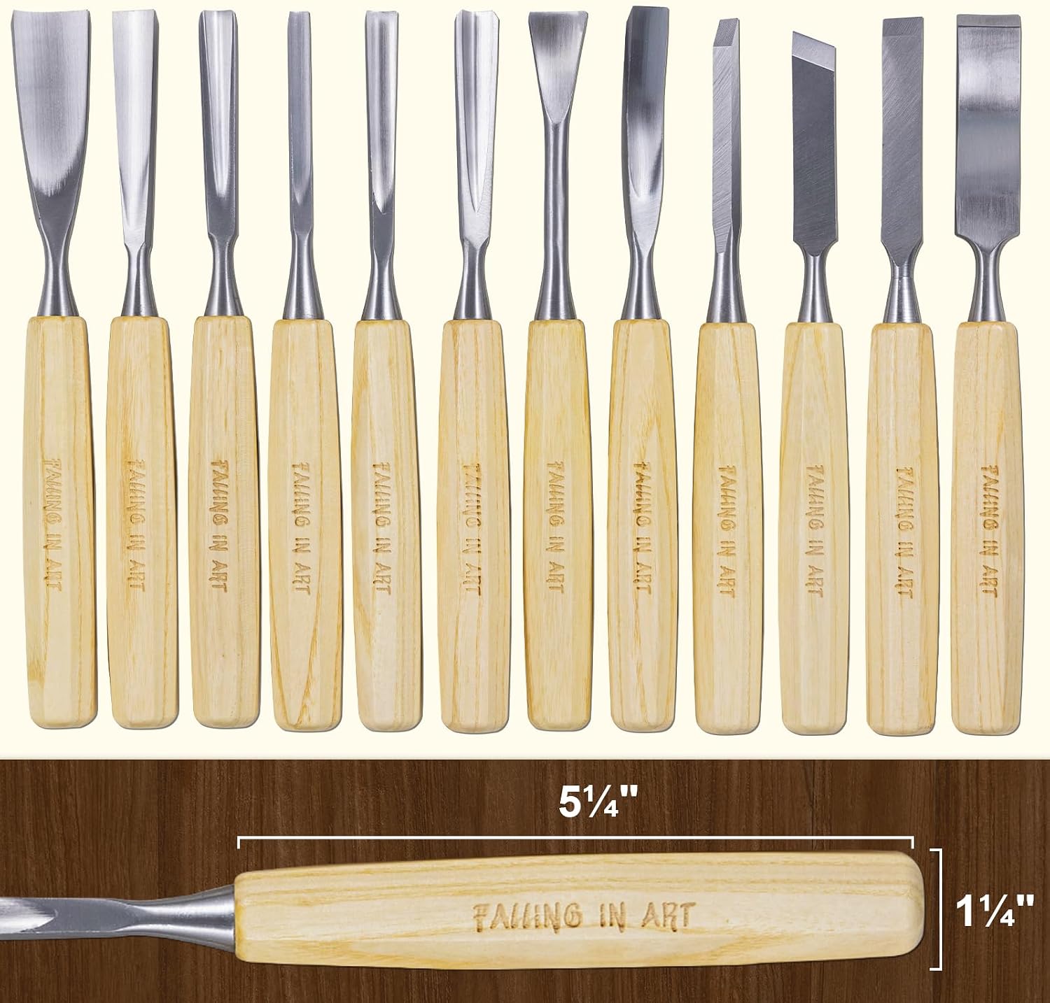 12 Pcs Wooden Carving Chisel Set with a Leather Pouch | Long Handle Woodworking Tools Set, Full Size Knife Gouge Kit