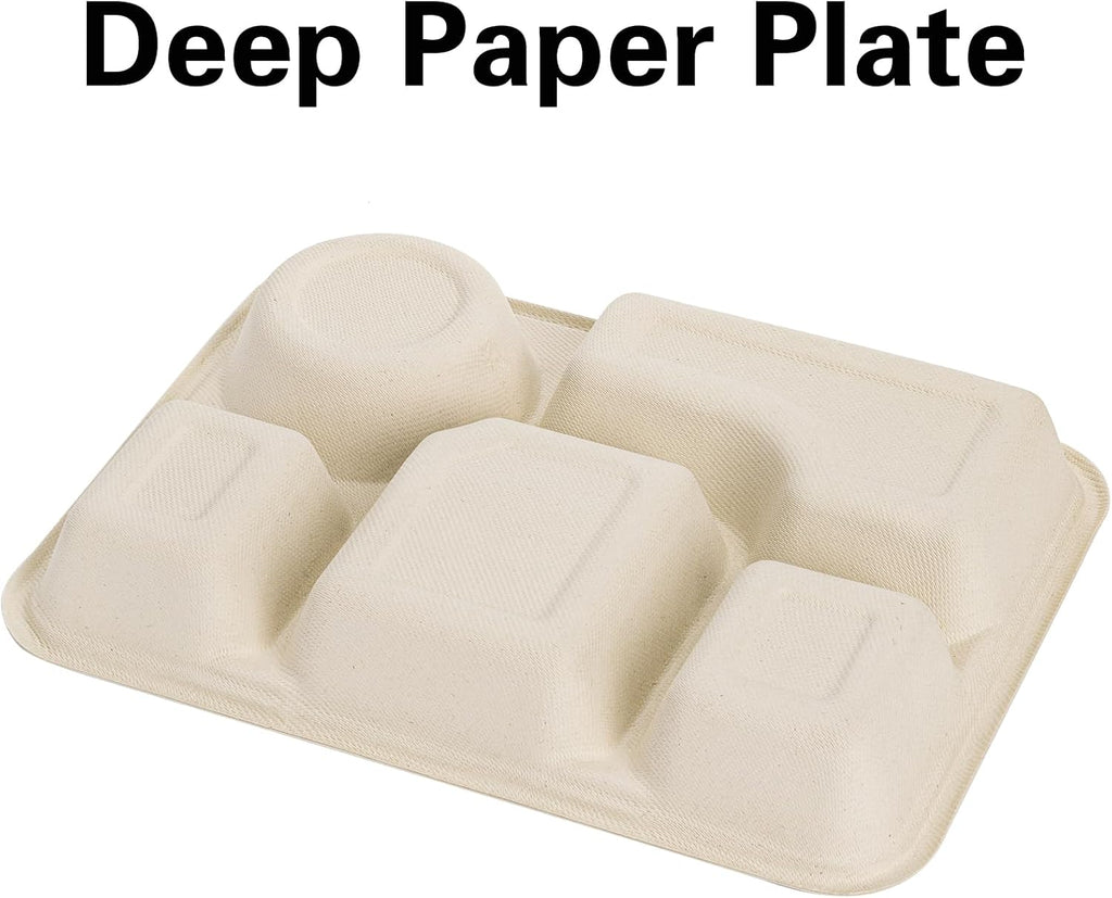 50 Pack 5 Compartment Paper Plates Disposable, 11" x 8" Compostable Bagasse Plate School Lunch Trays, Biodegradable