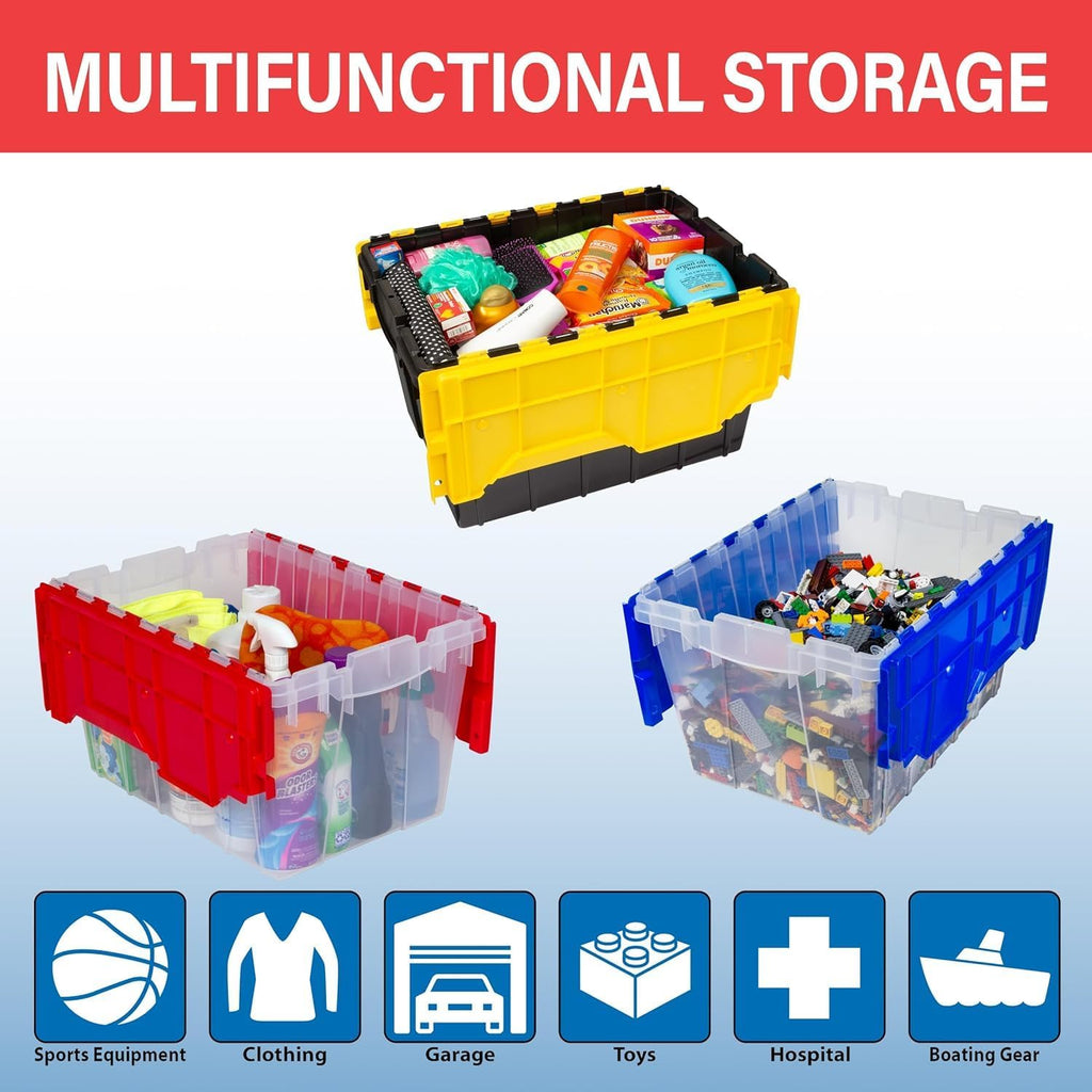 KeepBox 12 Gal Storage Box, Lid Attached, Stackable, Clear/Blue