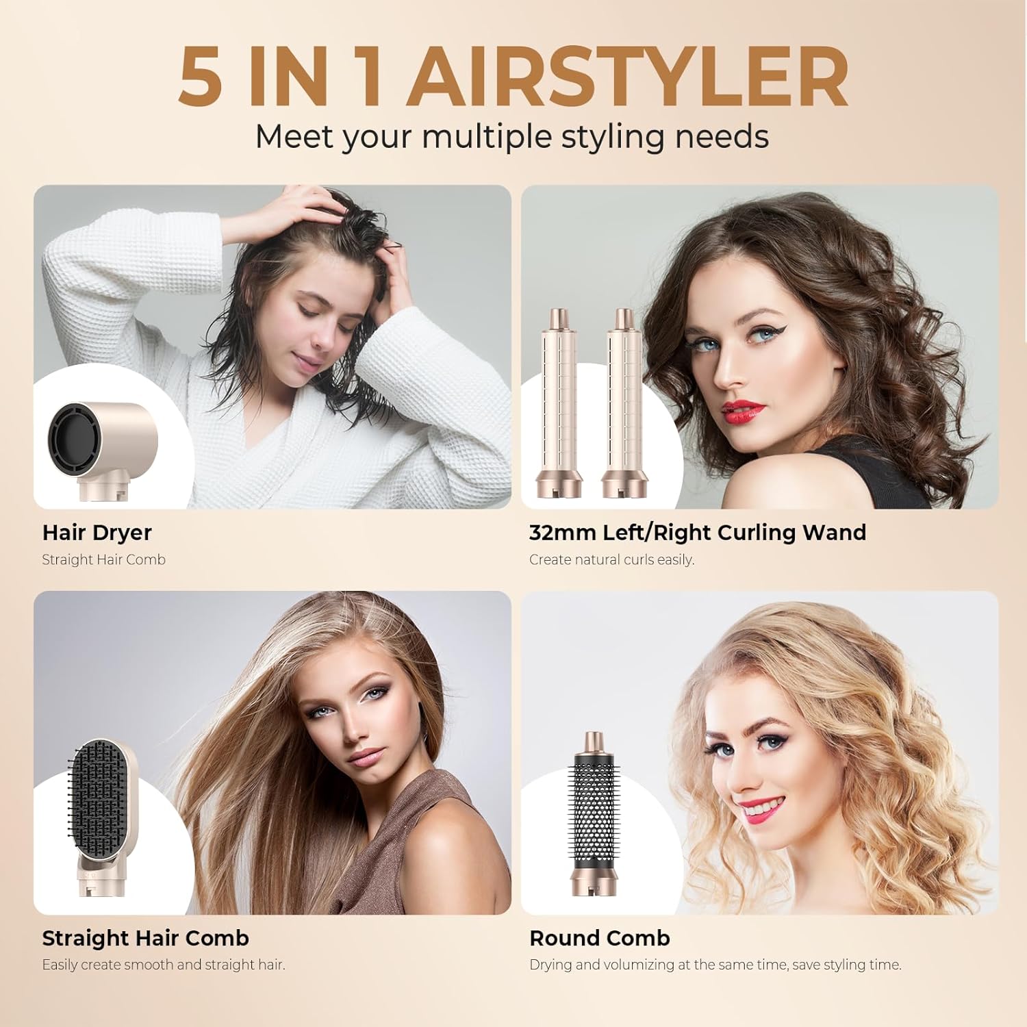 Hair Dryer Brush 5 in 1, Blow Dryer Brush Set with Air Curler Wrap Hair Styler, Negative Ionic Blow Dry Brush