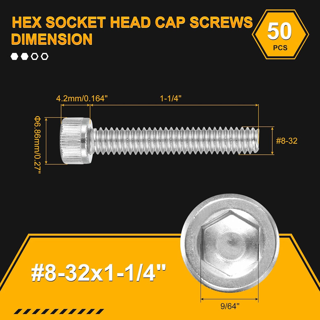 DTGN 50Pack #8-32x1-1/4 Socket Head Cap Metric Hex Screws Bolts SS304