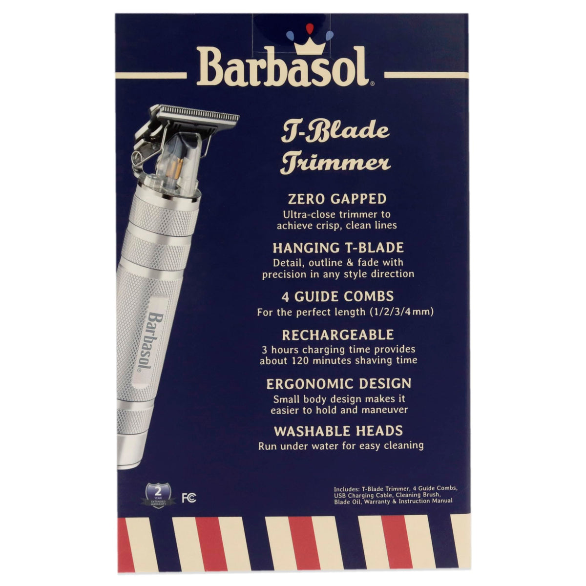 Stainless-Steel Rechargeable Zero-Gapped T-Blade Trimmer, Hanging Blade, 4 Guide Combs