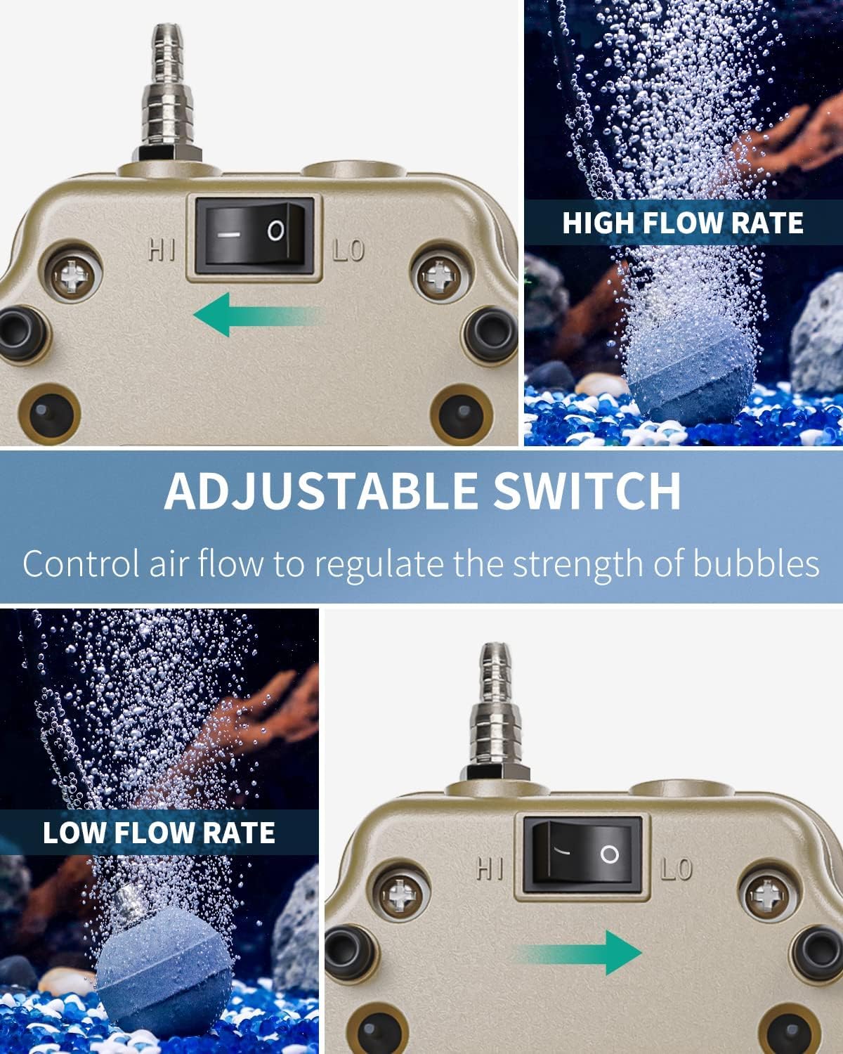 254 GPH Aquarium Air Pump Adjustable Quiet Oxygen Aerator Pump with Multi-Port Air Flow Control Lever Valve Splitter