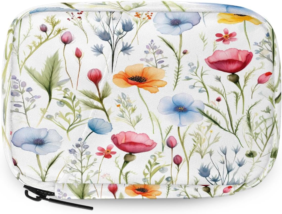 Colorful Wildflower Floral Pattern Pill Organizer Travel Medicine Case with Zipper Daily Vitamin Storage Bag Portable