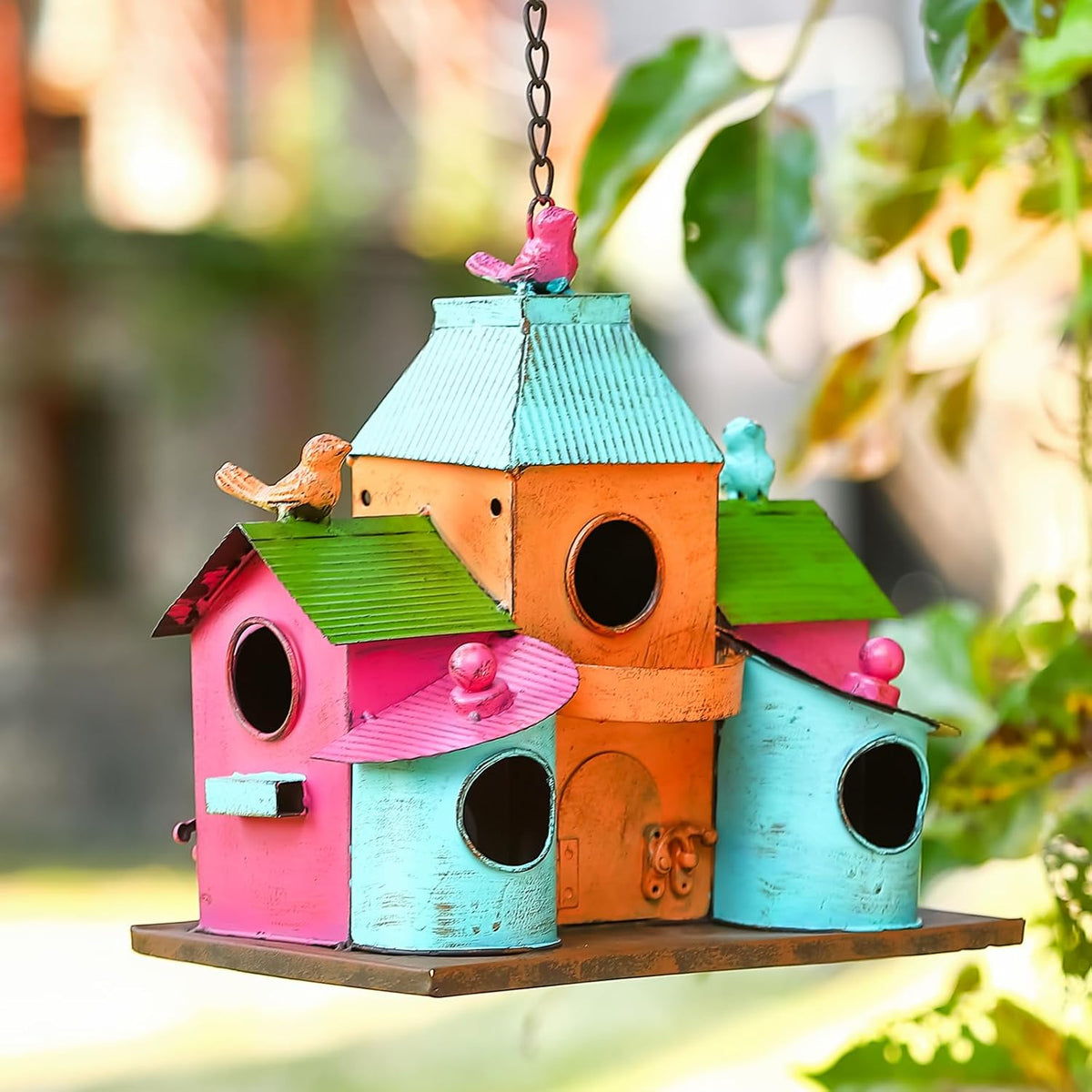 Colorful Metal Bird House for Outside, Hanging Birdhouse with 5-Compartment