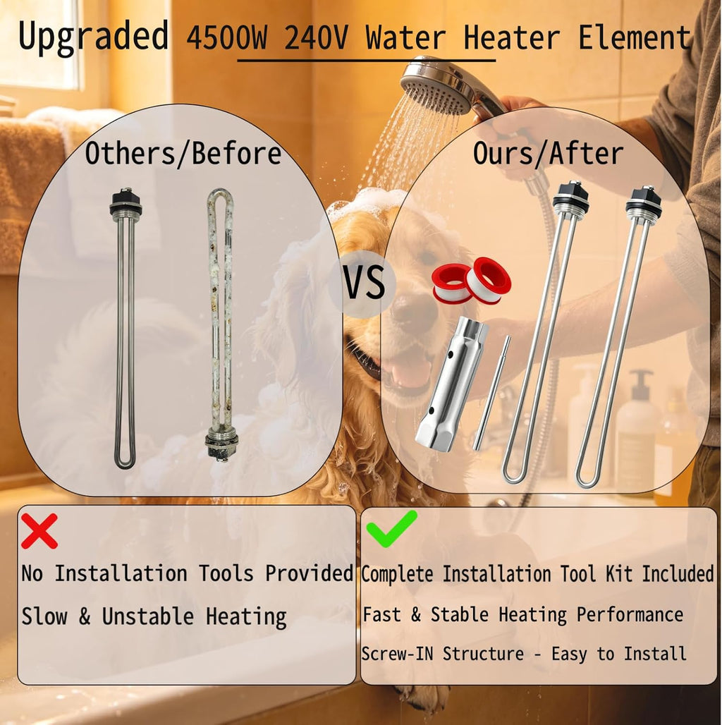Upgraded 100108283 4500W 240V Water Heater Element 2 Pack, Socket Wrench & 2 PTFE Tape, for AO Smith ECT ECS ECL ECJN E6, Replaces 100108284 9000092015 9000092045