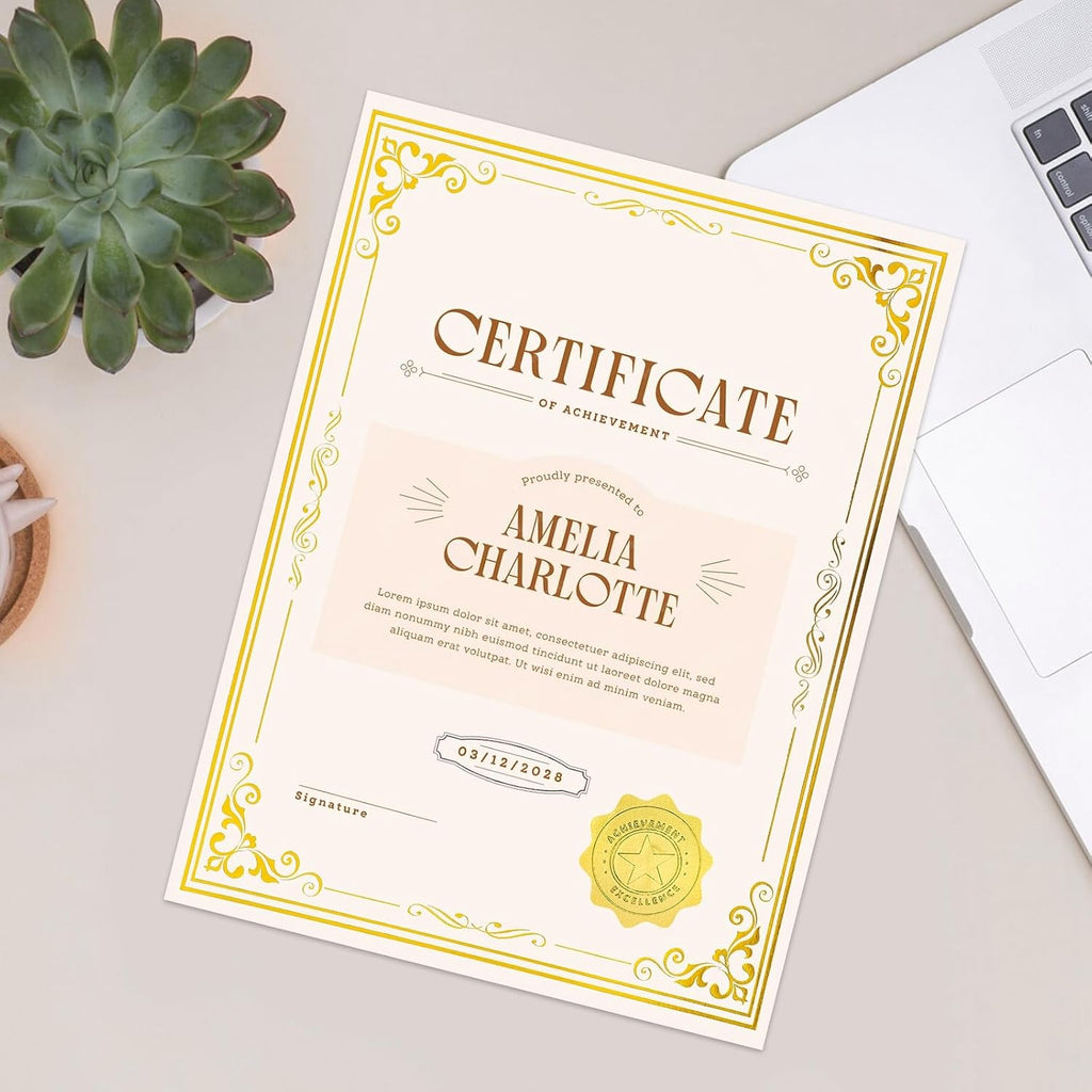 100 Sheets Certificate Paper with 100 Pcs Gold Seal Stickers, 8.5 × 11'' Printable Award Certificates for Graduation