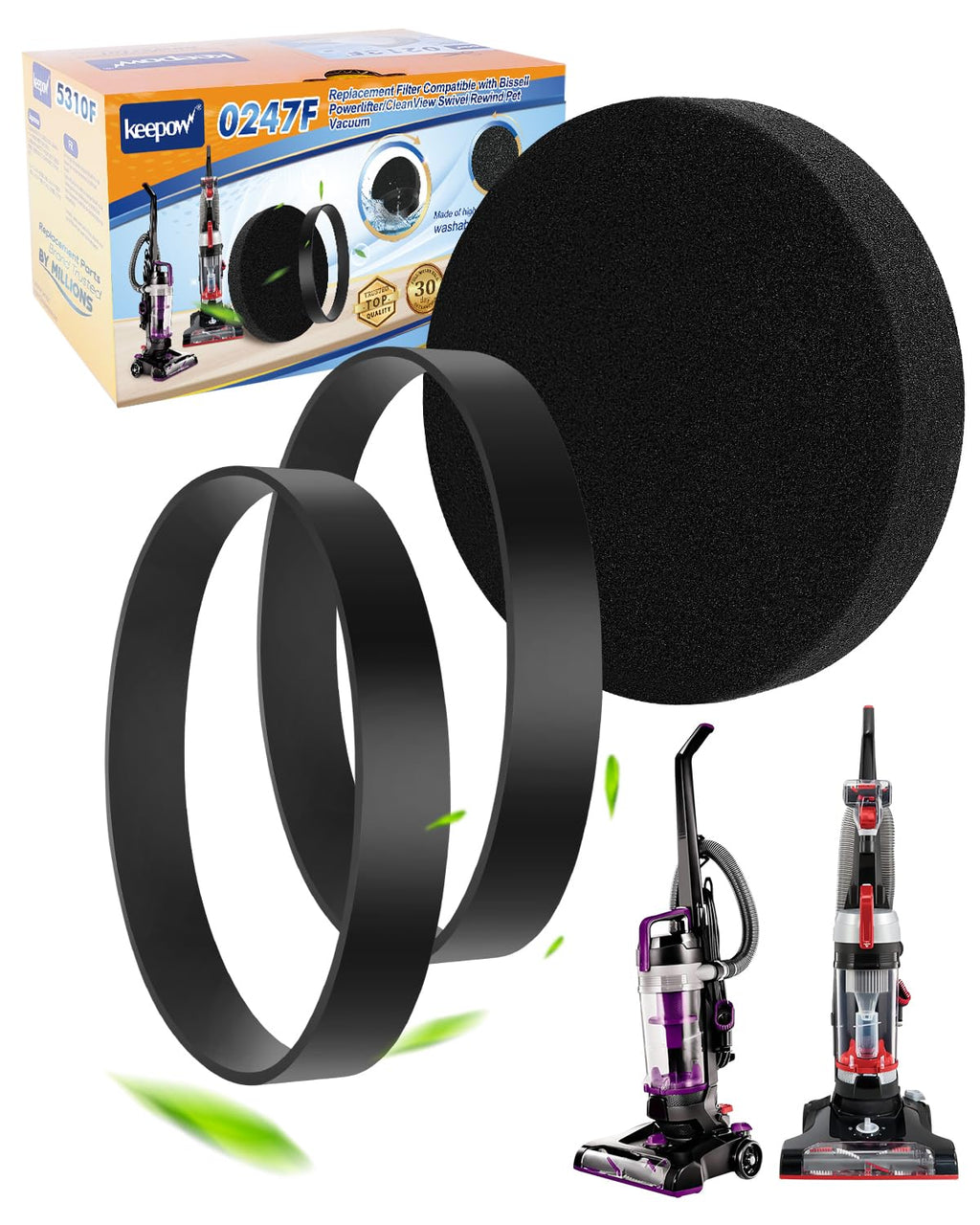 KEEPOW Vacuum Belt and Filter Compatible with Bissell Powerlifter/CleanView