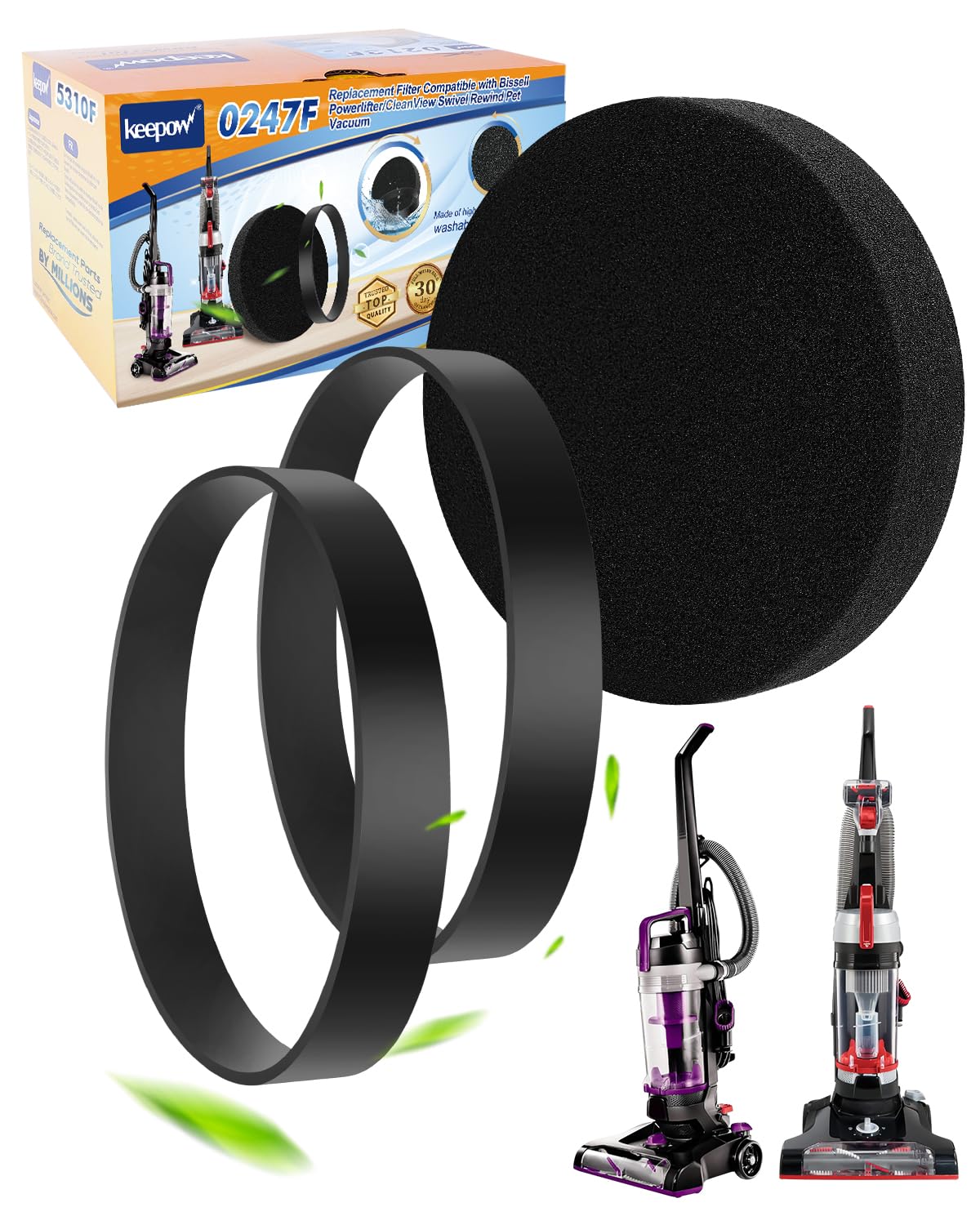 KEEPOW Vacuum Belt and Filter Compatible with Bissell Powerlifter/CleanView