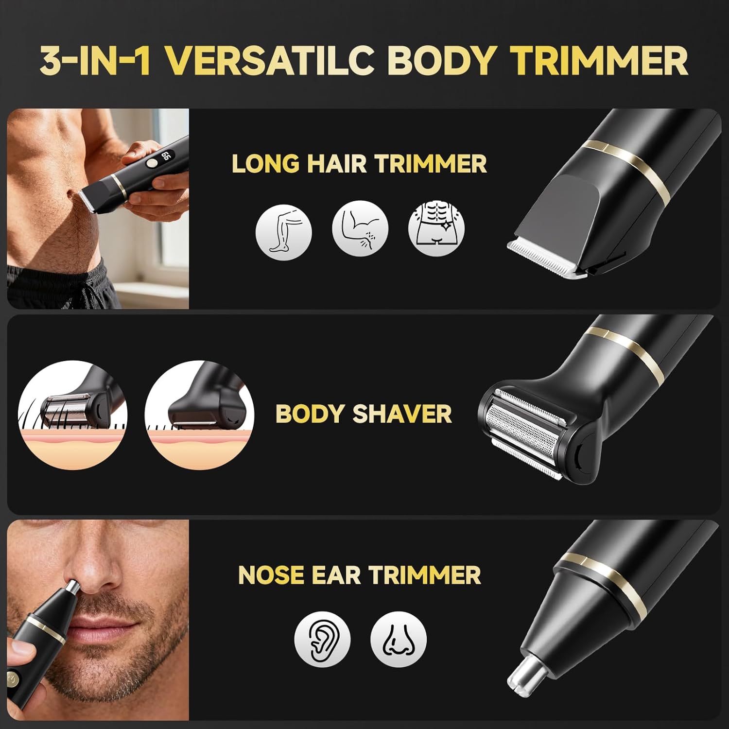 Beard Trimmer for Men, IPX7 Waterproof Body Hair Trimmer Electric Razor Shaver Body Grooming Kit Wet/Dry Use for