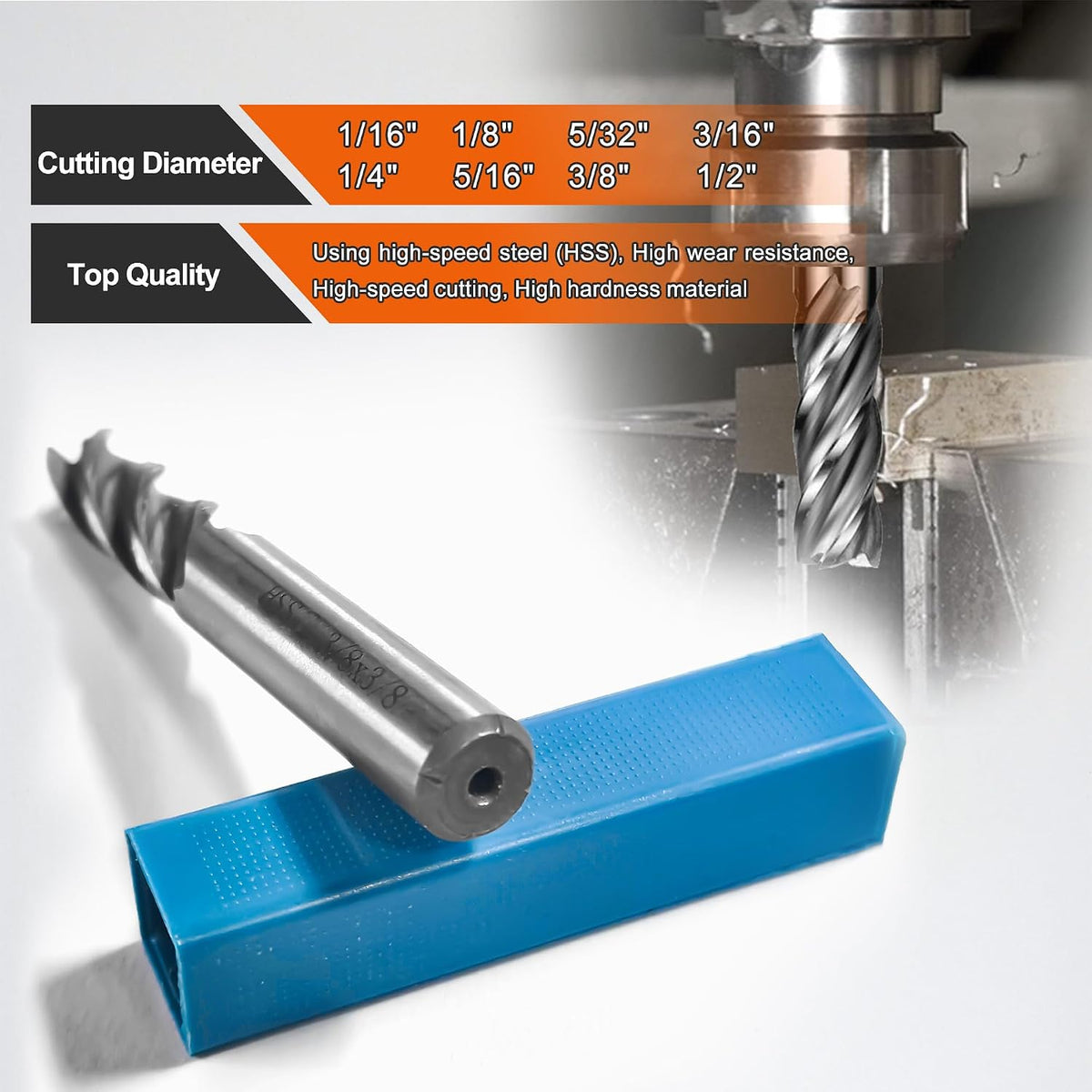 8Pcs 4-Flute Straight End Mill Set,1/8"-1/2" CNC Milling Cutter Drill Bits