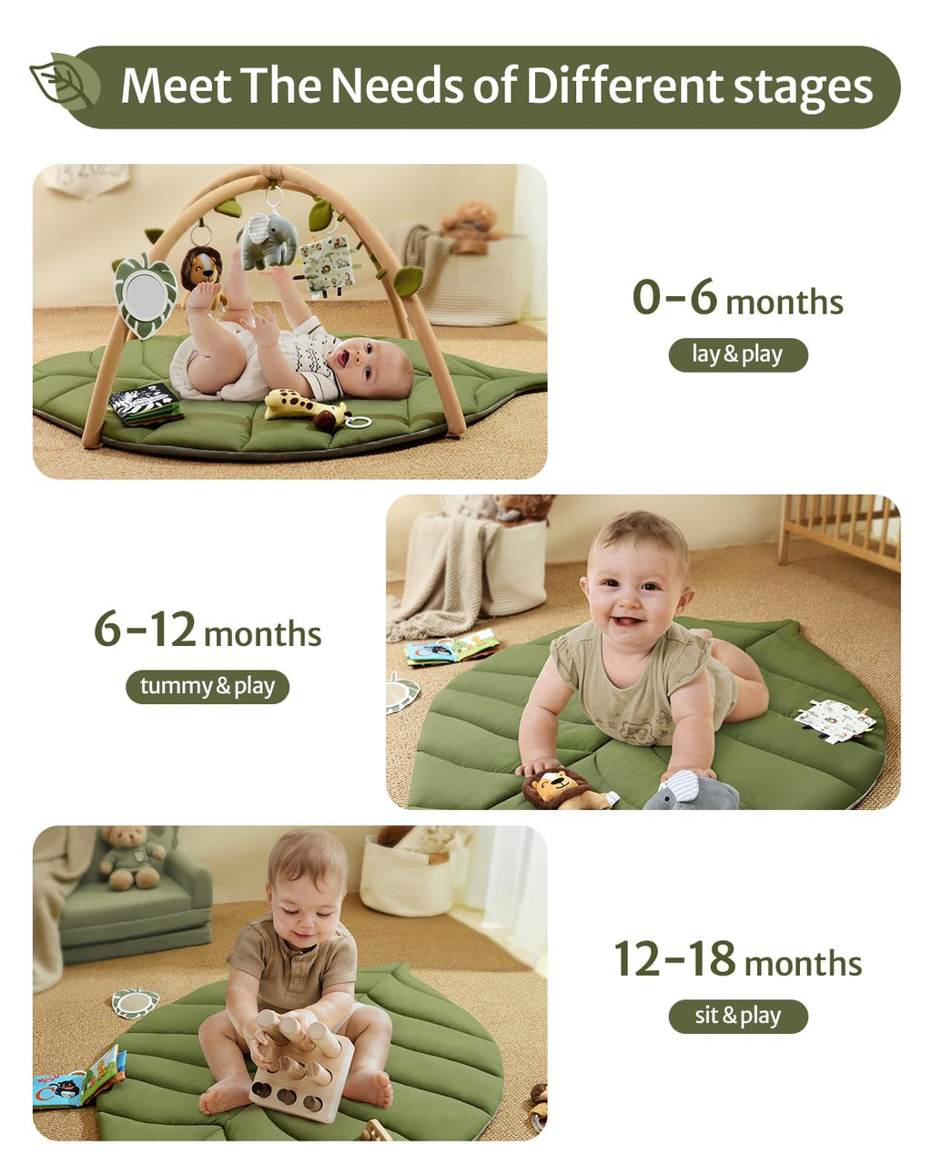 Baby Play Gym & Activity Mat, Oversize Leaf Shaped Baby Play Mat w 6 Detachable Toys, Tummy Time Mat Promote Motor