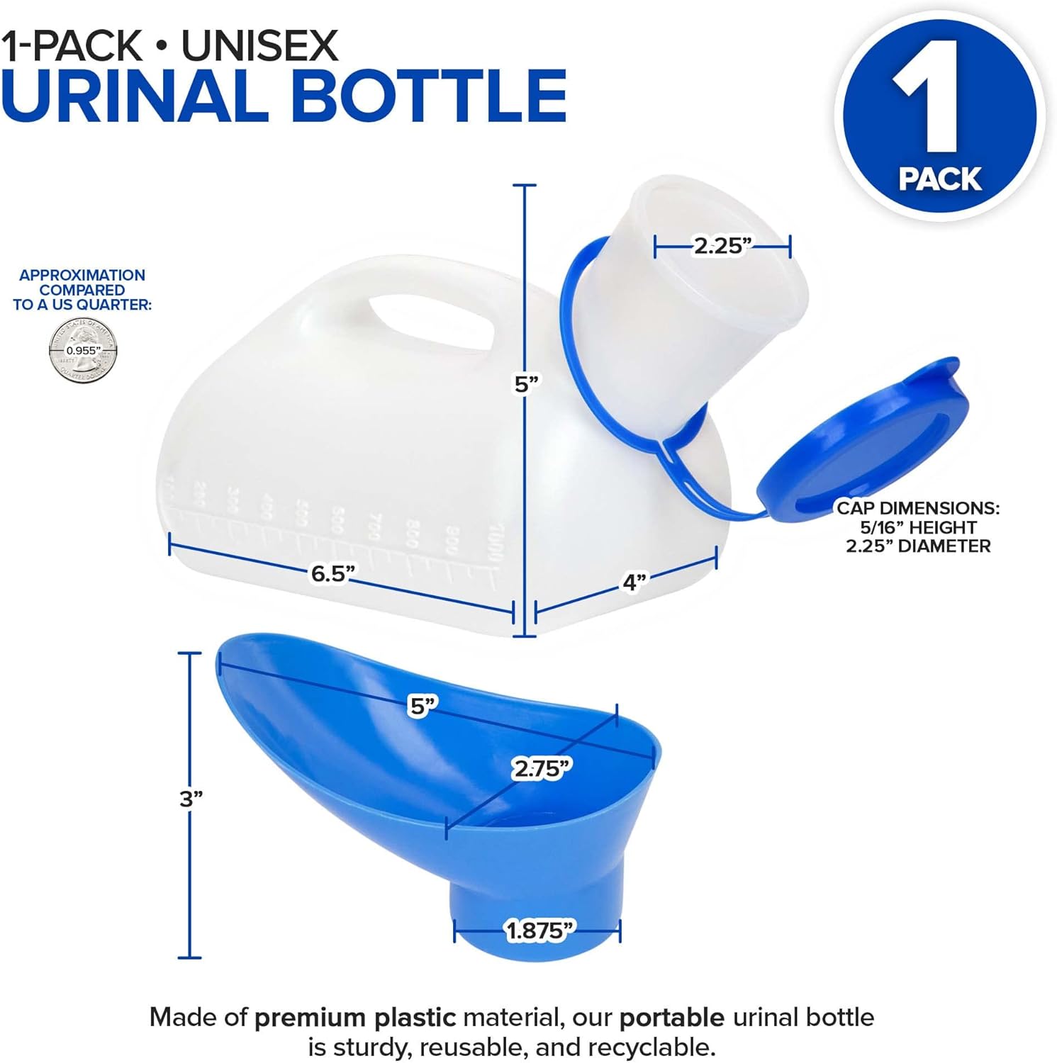 Unisex Urinal Bottle (1 Pack) - Portable Urinal for Women & Men - Female Urinal with Lid - 32 Oz Female Urination
