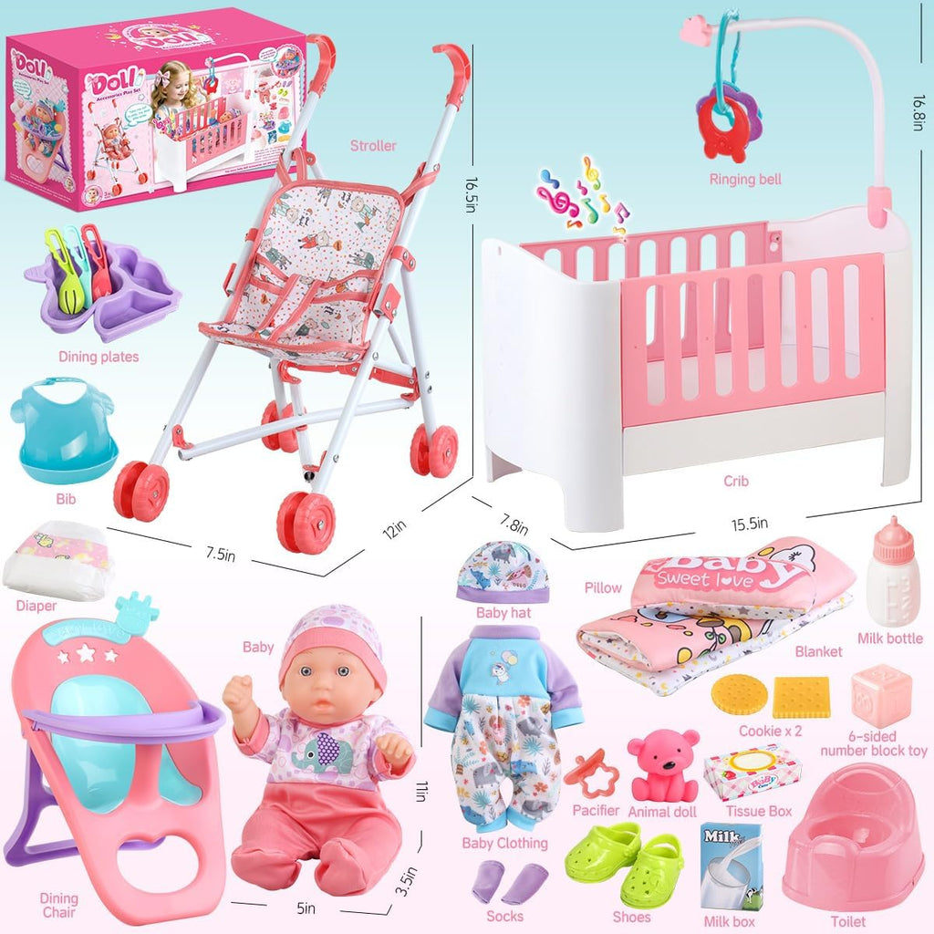 Baby Doll Crib and Stroller Accessories Play Set with 11" Baby Doll,Dining Chair,24 PCS Dolls Accessories and 2 Sets