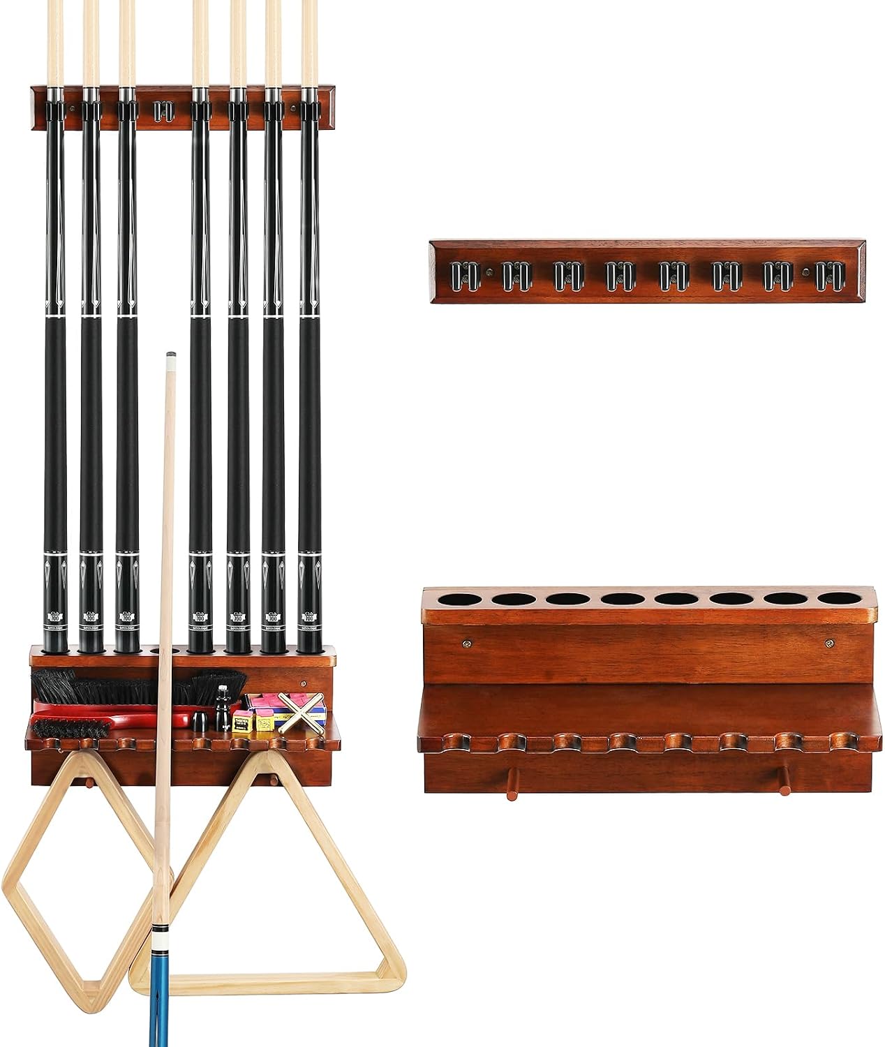 Wall Mount Pool Stick Holder - Billiards Pool Cue Rack Hardwood Pool Cue Set Holder for 8 Cues Sticks Storage Pool