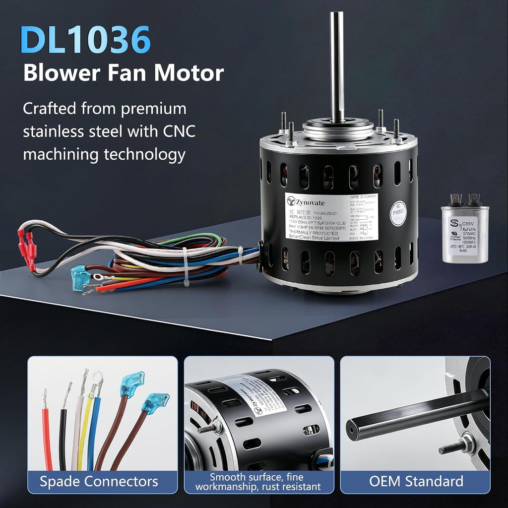 DL1036 Blower Fan Motor 1/3 HP 1075 RPM 3 Speed 115V 5.0A 48 Frame Motor