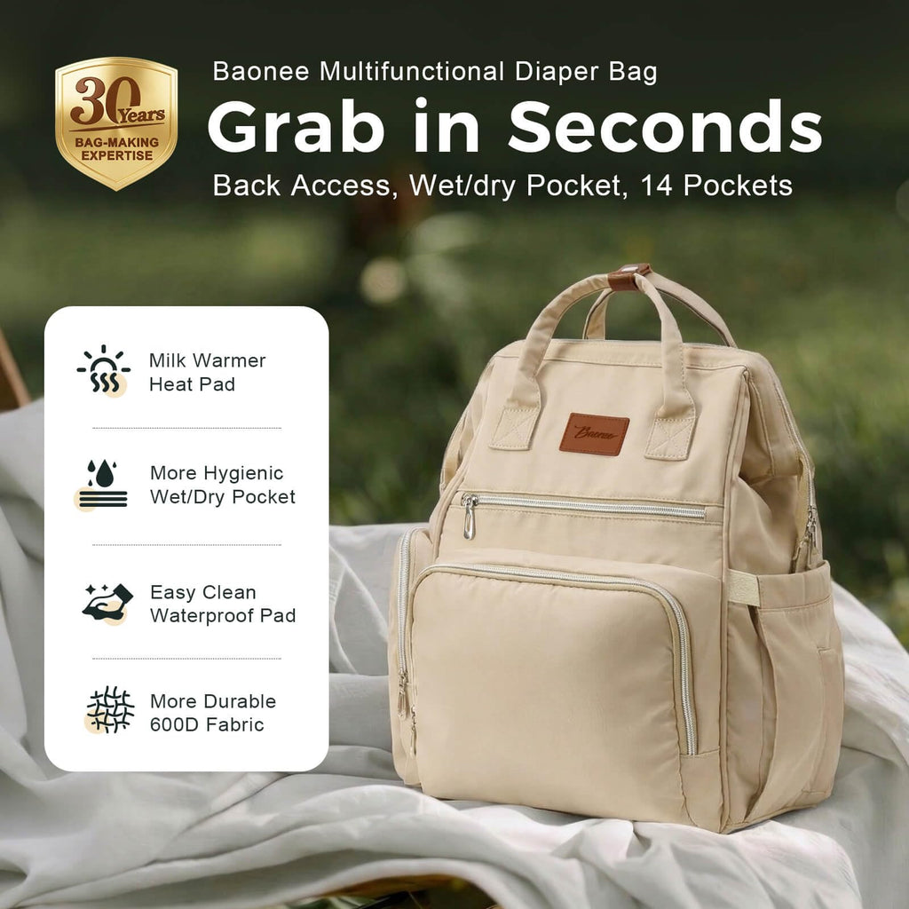 Diaper Bag Backpack with Wet/Dry Pocket, Changing Pad, 27L Beige