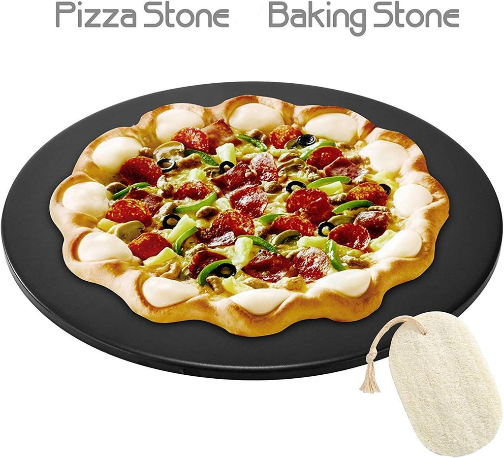 Cordierite Pizza Stone for Oven Grill - Round Baking Stone with Cleaning Brush, Glaze BBQ Pizza Stone for Bread and