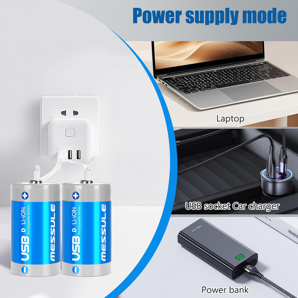 Rechargeable Lithium D Batteries with 4 in 1 USB-C Charge Cable