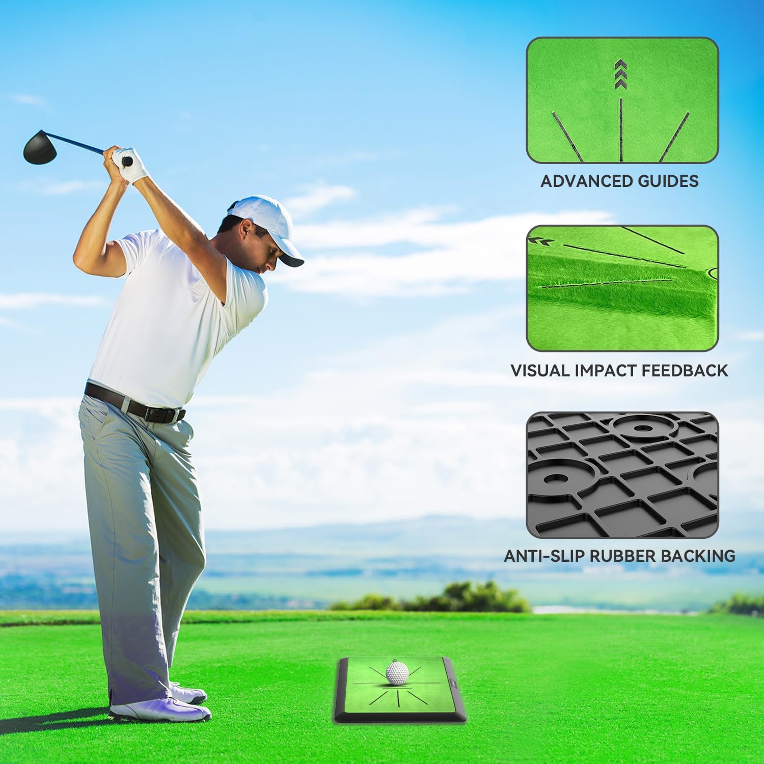 COSPOPTIC Golf Hitting Mat with Swing Path Feedback, Heavy-Duty Rubber Base Anti-Slip Golf Training Mat, Extra