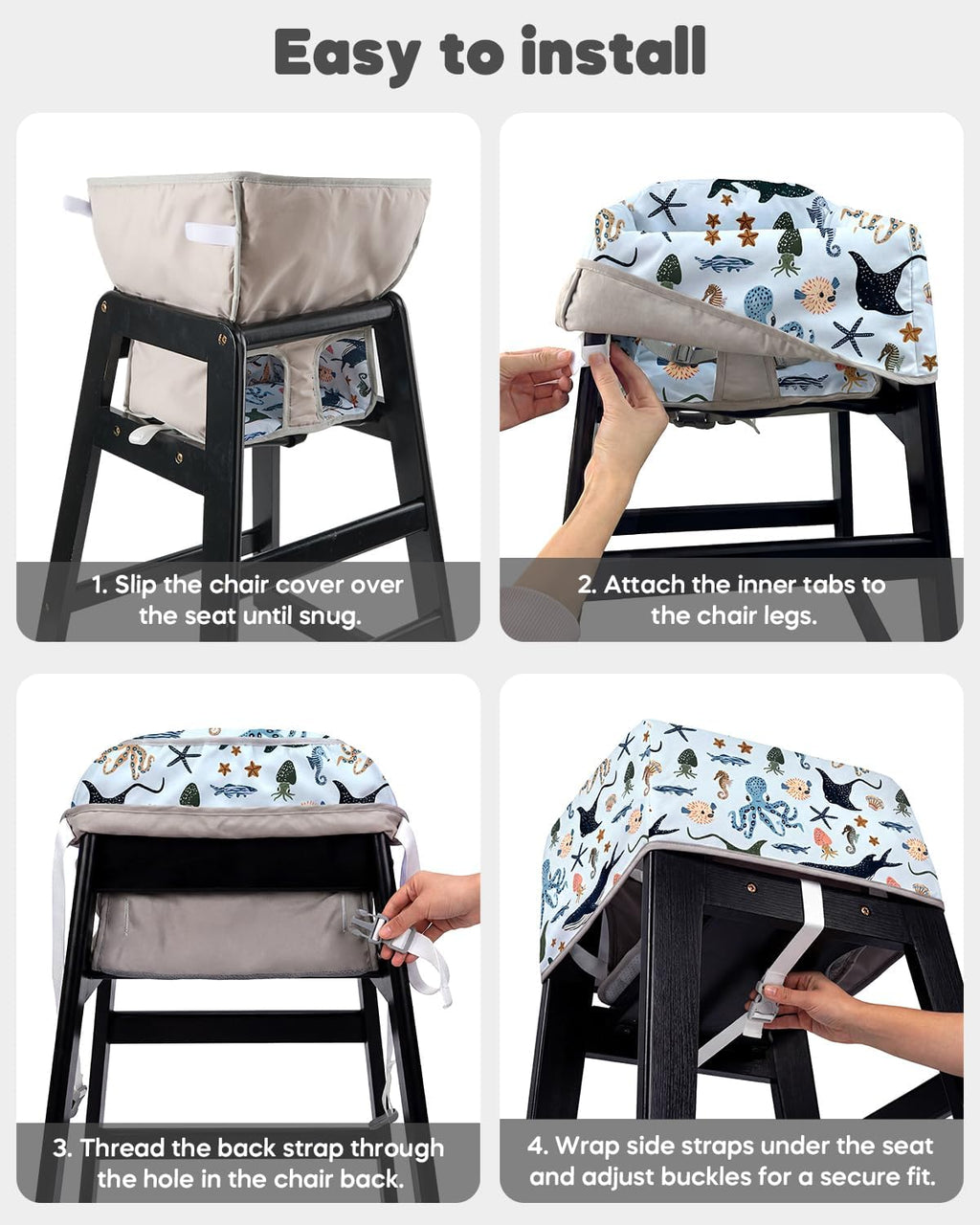 Reusable Baby High Chair Cover with Strap Pads & 2-Point Harness, Waterproof Washable Portable Seat Liner for Wooden