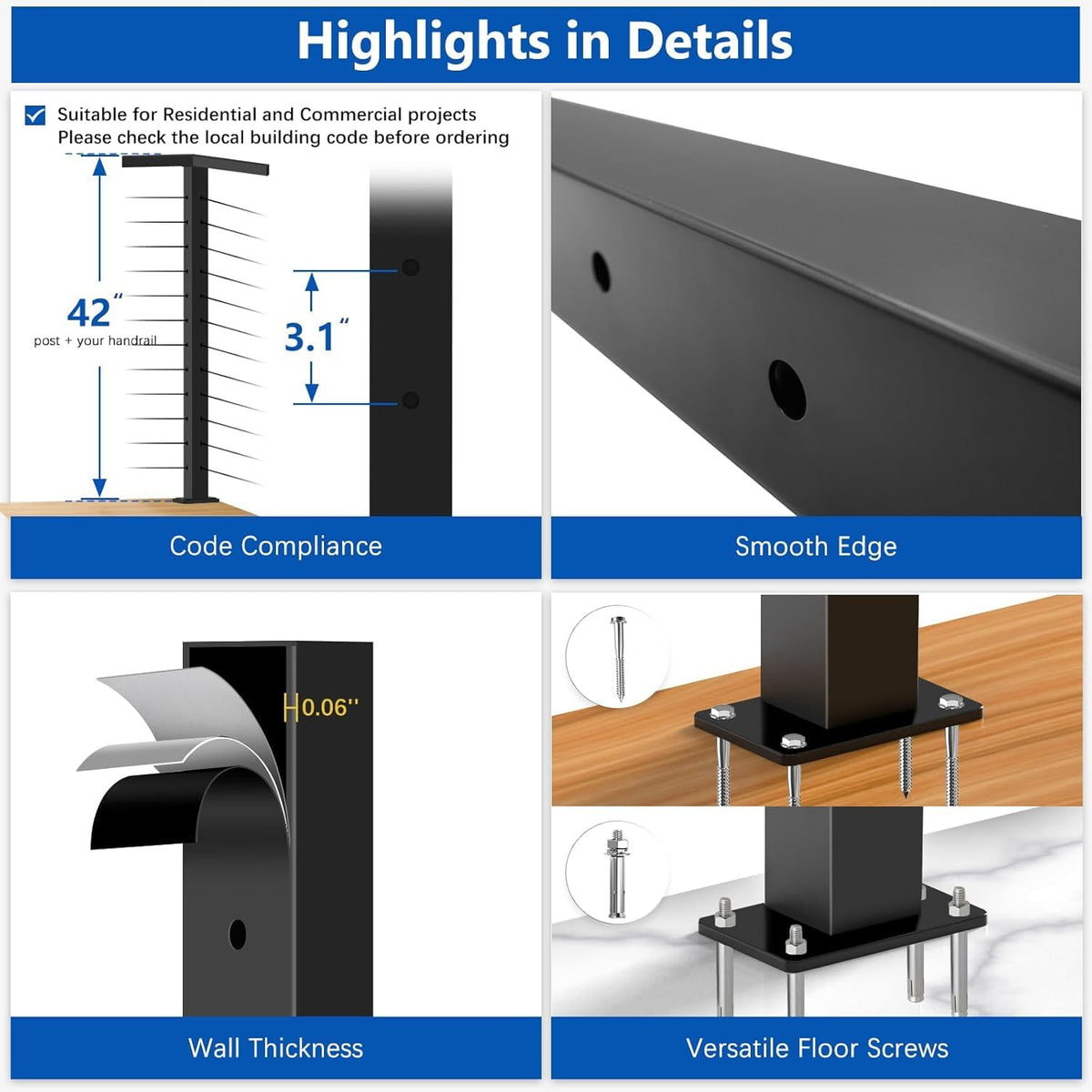 42" Modular Cable Railing Corner Post for Deck Porch, T-drilled