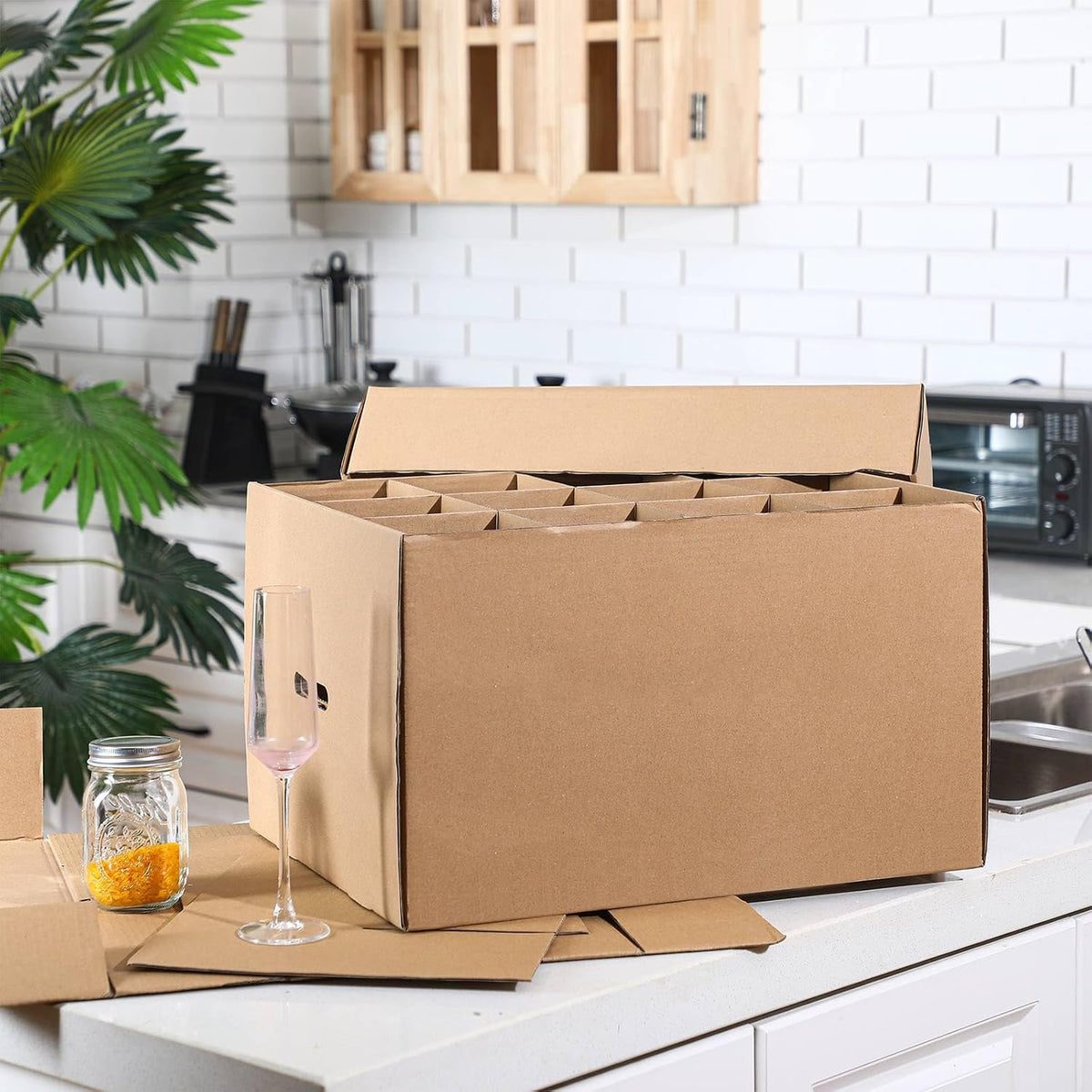 2 Pack Wine Glass Moving Boxes Kitchen Moving Boxes with Handle Kitchen Kit with Lid for Dish Glassware (20 x 15 x 12
