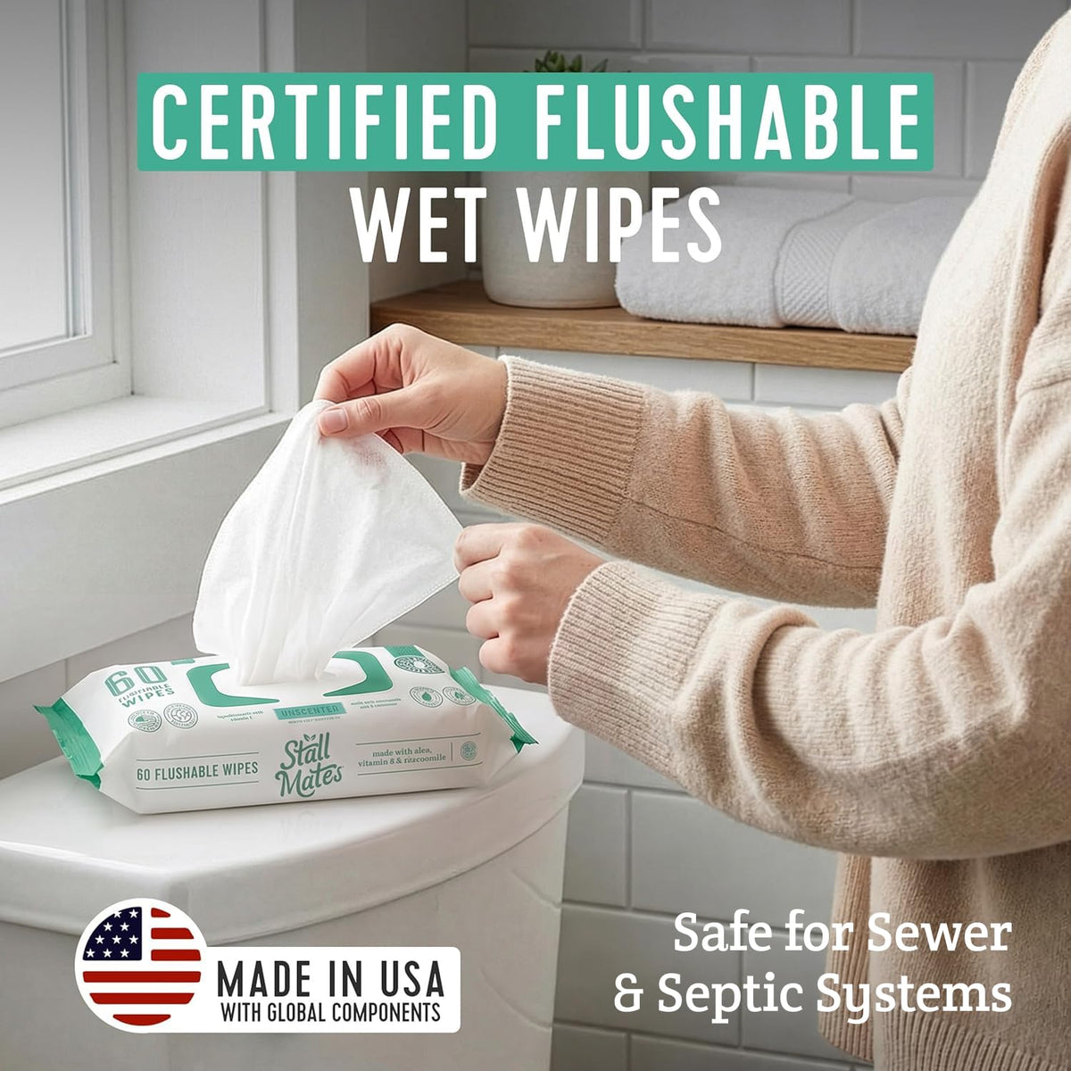 Flushable Wipes, 60-Wipe Home Pack, Unscented, 4 Pack