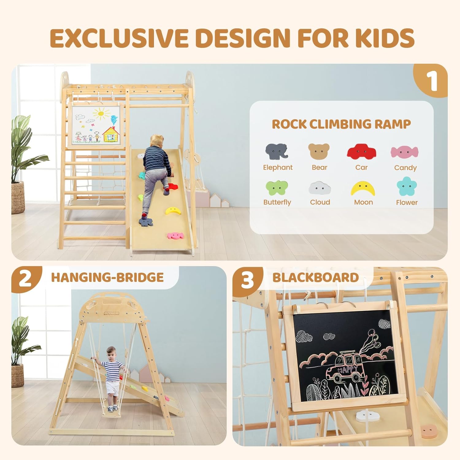 8-in-1 Indoor Jungle Gym for Kids and Toddlers with Hanging-Bridge and Swing, Wooden Indoor Playground with Slide