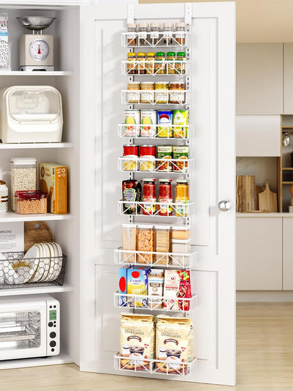 Narrow 9-Tier Over the Door Pantry Organizer, Adjustable Pantry Storage, Metal Hanging Spice Rack, Cabinet Door