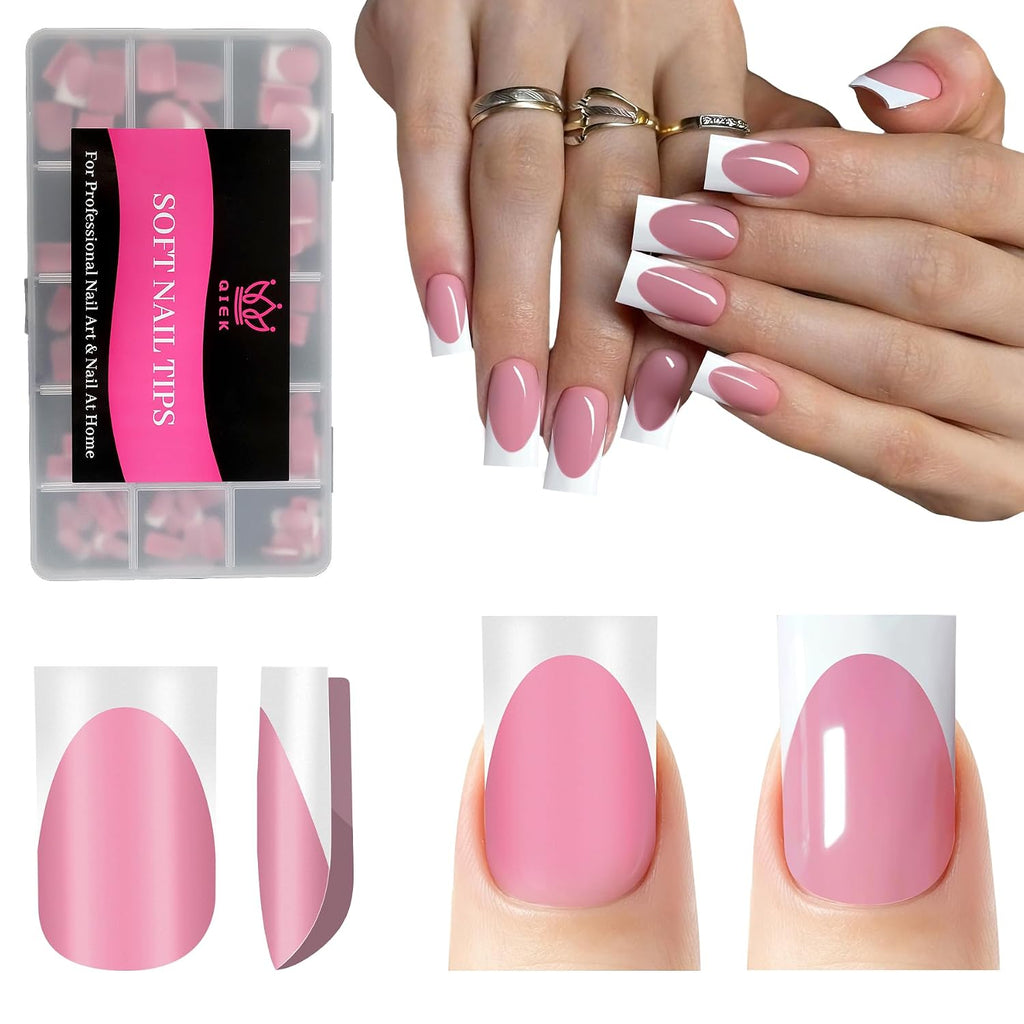 Deep Pink French Tip Press On Nails 150 Pcs Short Square