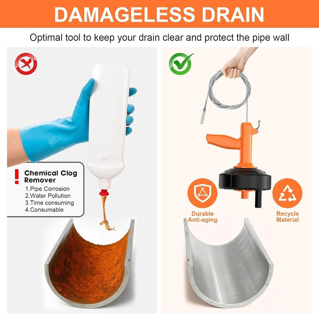 Drain Snake, Auto Feed Drain Auger with Drill Attachment, 25 Feet Plumbing Snake Flexible Hair Drain Clog Remover for