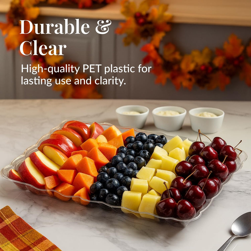 12-Pack Serving Tray - 9x13 Inches Disposable Rectangular Plastic Food Tray for Parties and Events - Clear Platters