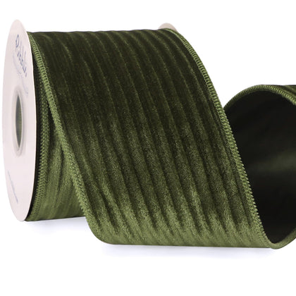 Glossy Moss Green Velvet Wired Ribbon 4 Inch Striped Velvet Christmas Ribbon for Gift Wrapping Christmas Tree