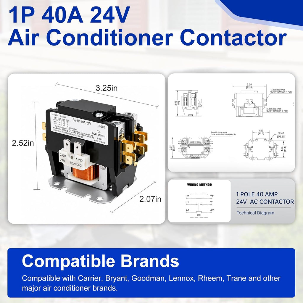 1 Pole 40 Amp 24VAC DP40241 Air Conditioner Contactor for Residential HVAC