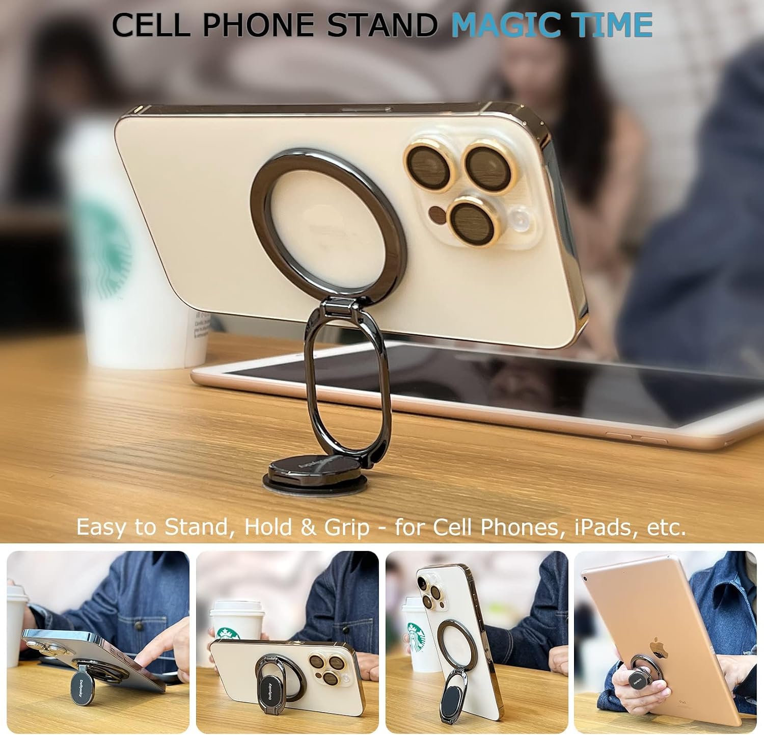 Magnetic Phone Ring Holder with Magsafe, Double Adjustable Gym Finger Ring Grip, Removable Phone Grip, for iPhone