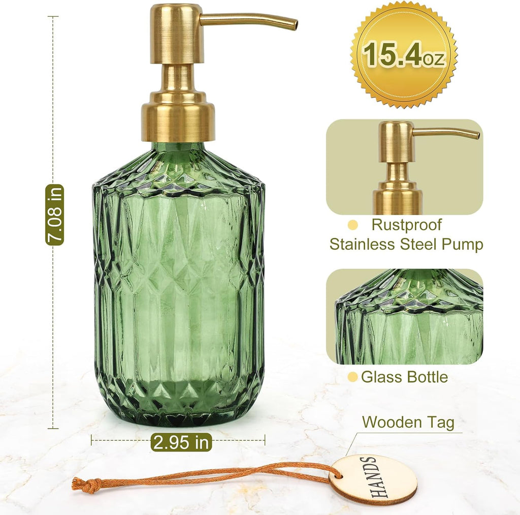Green Glass Soap Dispenser (15.4 Oz, 2 Pack), Kitchen Hand and Dish Soap Dispenser Set with Golden Rust Proof Pump